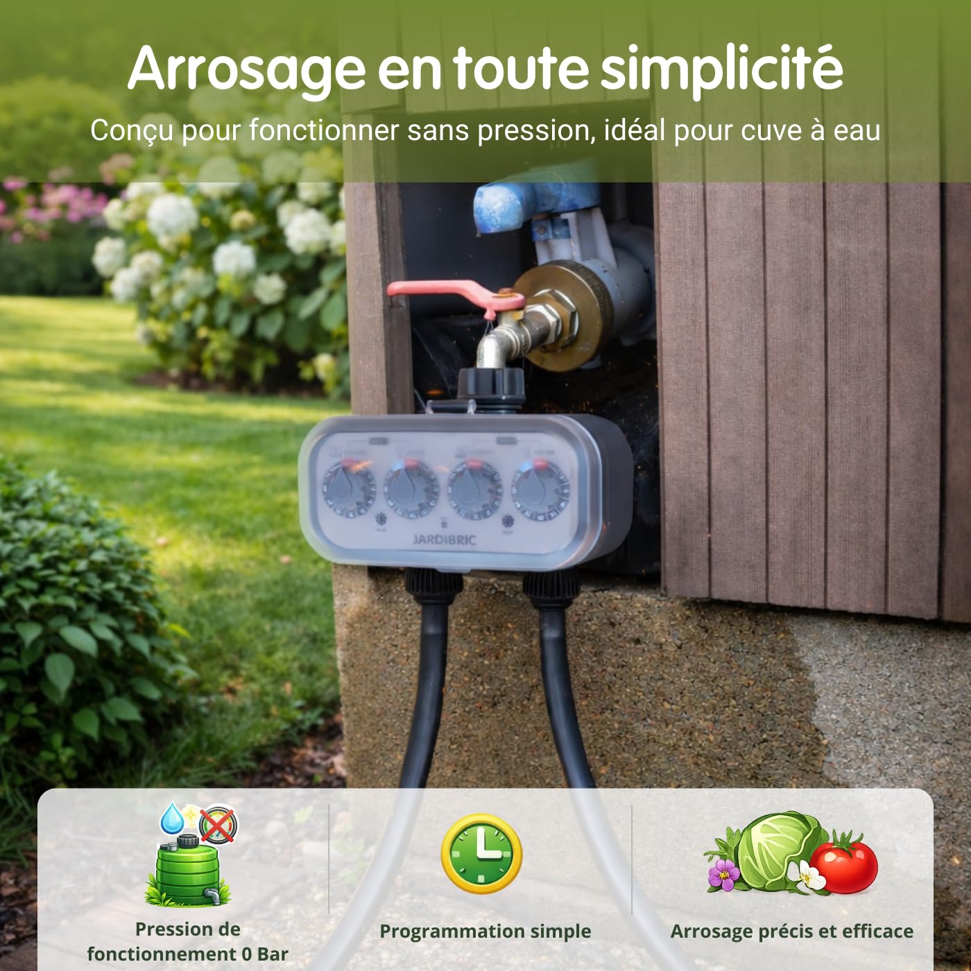 Jardibric - Programmateur d'Arrosage Sans Pression 2 Voies - Plastique Recyclé (29%) - Durée Réglable de 1 Min à 1 H, Intervalle Programmable de 1 à 7 Jours