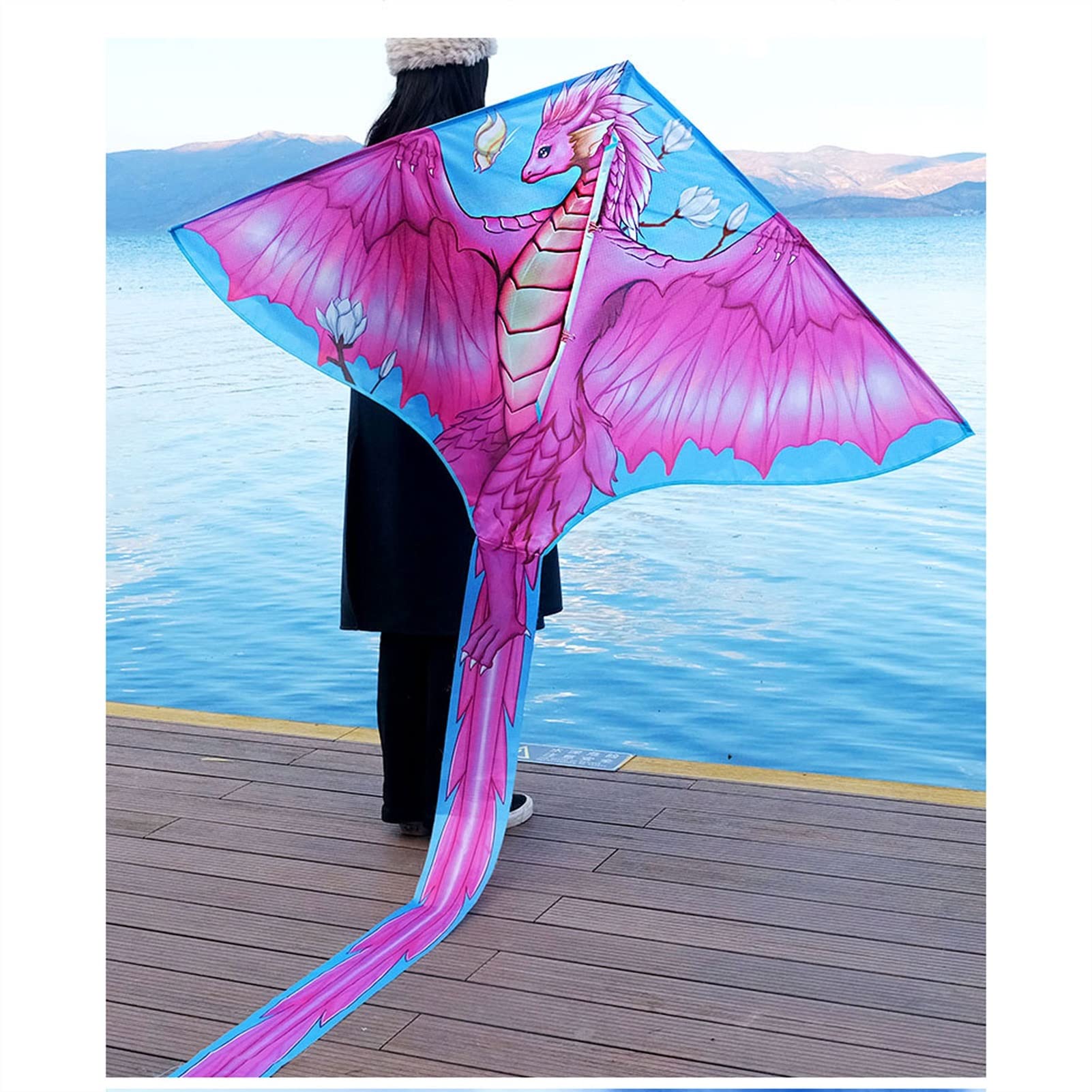 Cometa para niños, juego de cometa de dinosaurio rosa para niños y adultos, fácil de volar, 400 m, línea de cometa para deportes al aire libre, cometa colorida