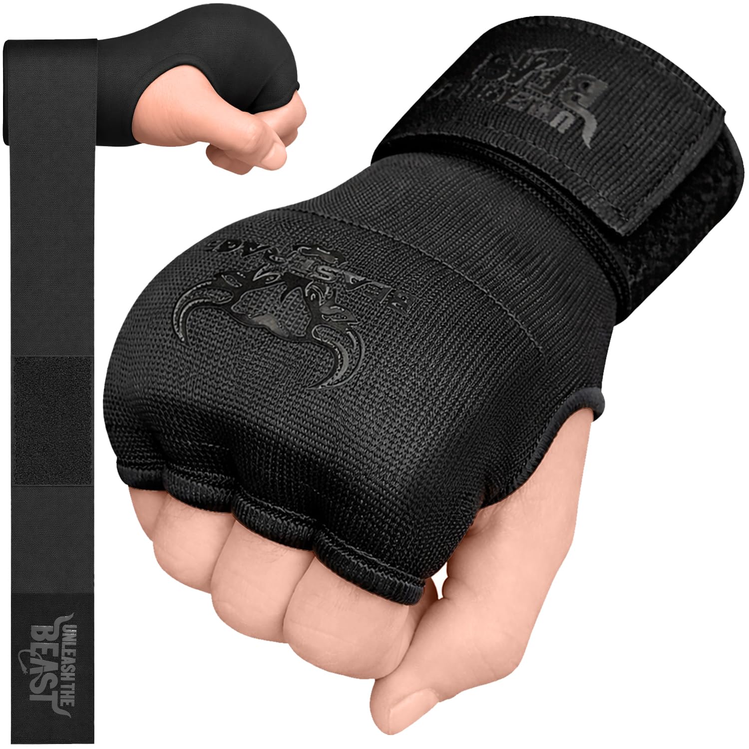 BEAST RAGE Boxing Gel Hand Wraps Inner Gloves for Men Women–Quick Hand Wraps with 100cm Wrist Support Straps,Elasticated Gel Padded Fist Protection for MMA,Muay Thai,Adult & Kids (Black, XL)