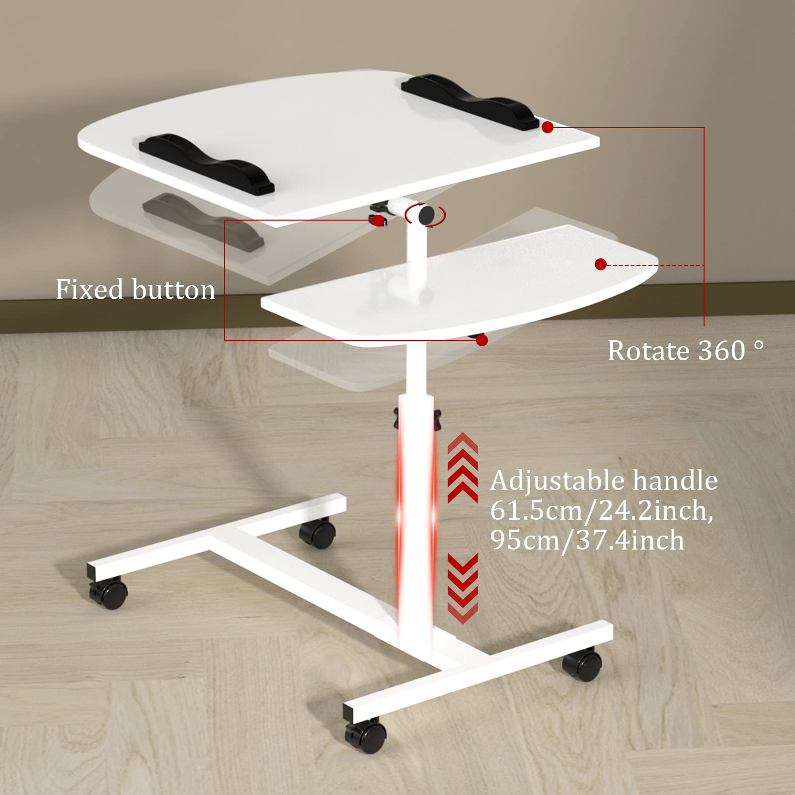 Mesa Auxiliar para Ordenador portátil, Mesa Auxiliar con Ruedas, Mesa Auxiliar Sofa y Cama, Mesa Auxiliar Regulable en Altura 61,5-95cm, Escritorio pequeño móvile, 61,5-95x60x40 cm, Blanco