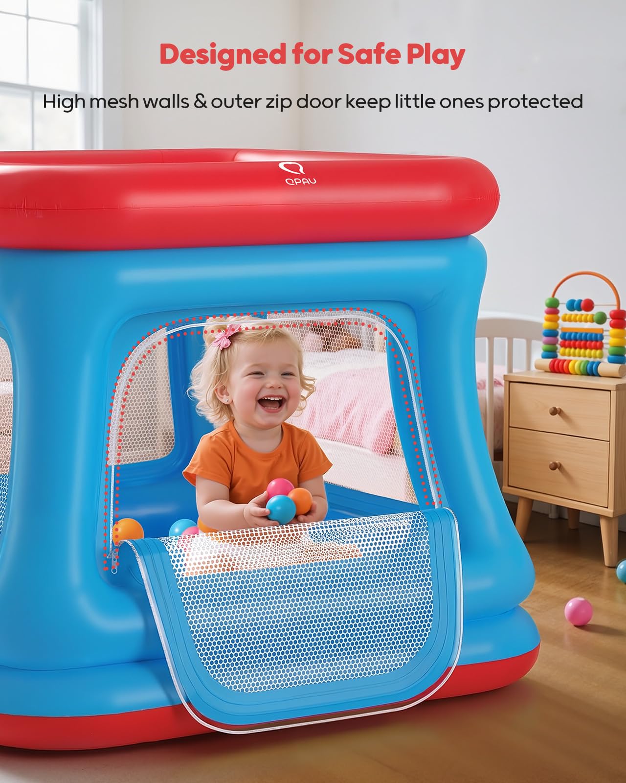 QPAU Piscina de bolas y trampolín 3 en 1 para niños pequeños, castillo hinchable con red de seguridad, juguete para exteriores para niños de 1 a 3 años, castillo hinchable para interiores, zona de