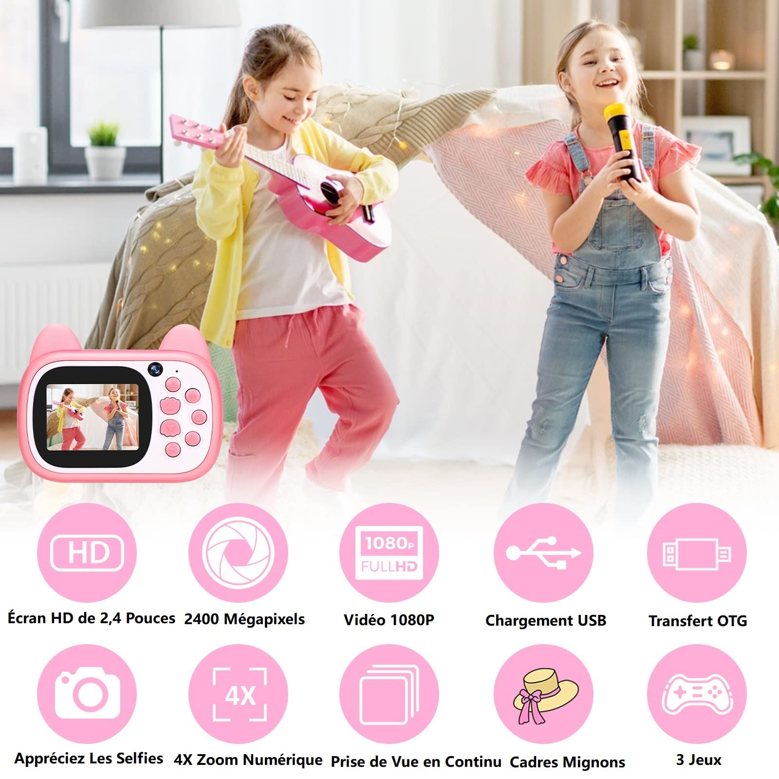 TOYOGO Aparat cyfrowy dla dziewcząt i chłopców, podwójny obiektyw HD 1080P, karta SD 32G, rejestrator wideo dla dzieci jako prezent na Boże Narodzenie, urodziny lub festiwal (różowy)