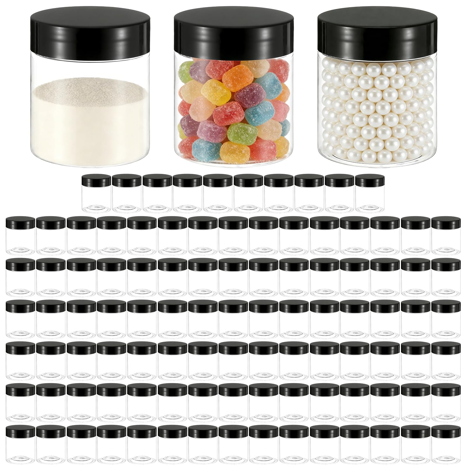 Photo 1 of 100 Pack 4Oz Plastic Jars Round Clear Cosmetic Container with Black Lids, Wide Mouth Small Jars Leak-Proof for Lotion, Cream, Ointments, Makeup, Eye shadow, Rhinestone, Samples, Pot, Travel Storage