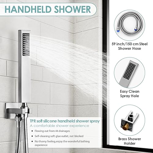 Miniatura 7 de Juego completo de grifo de ducha sistemas de ducha montados en la pared con ducha de lluvia de 10 pulgadas y de mano, mezclador de lluvia de lujo