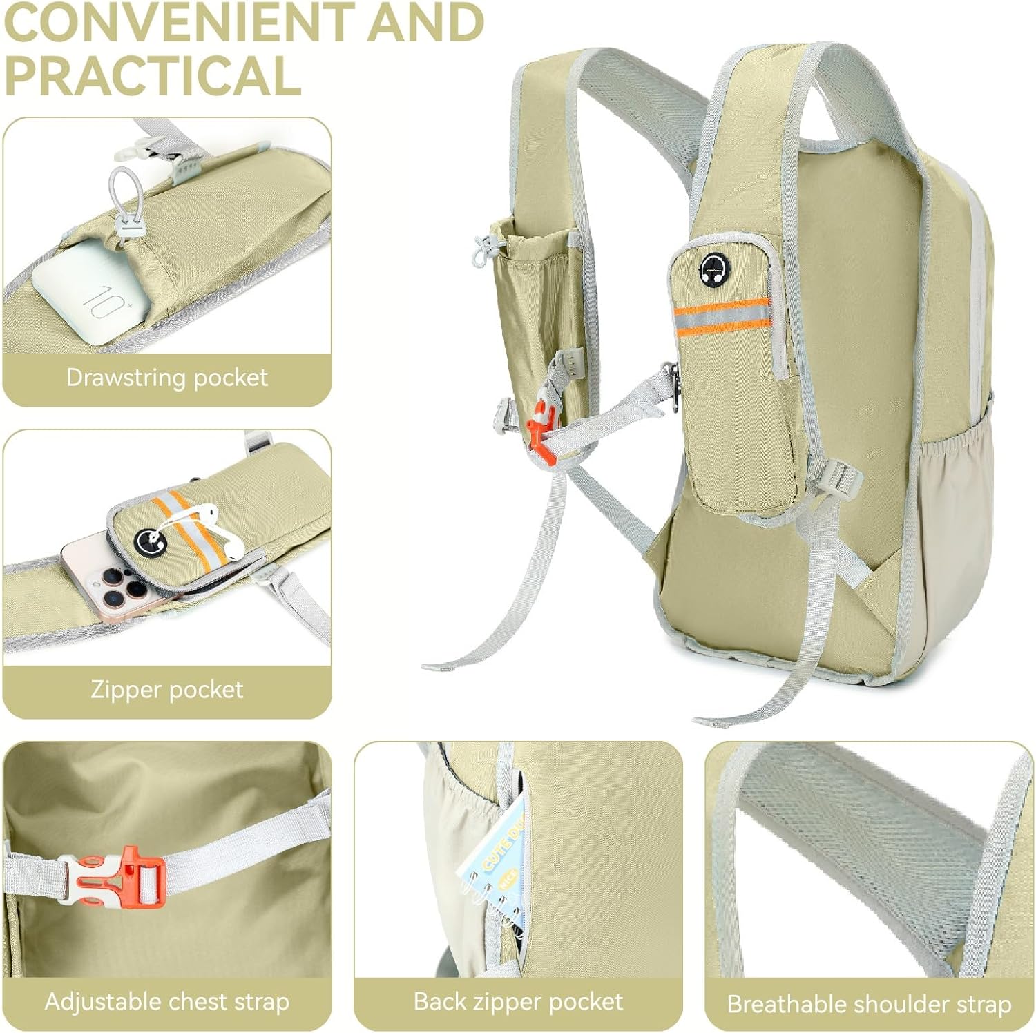 15L Small Hiking Backpack for Men Women Lightweight Packable Backpack Foldable Casual Daypack for Camping Travel Outdoor, Beige - Image 2