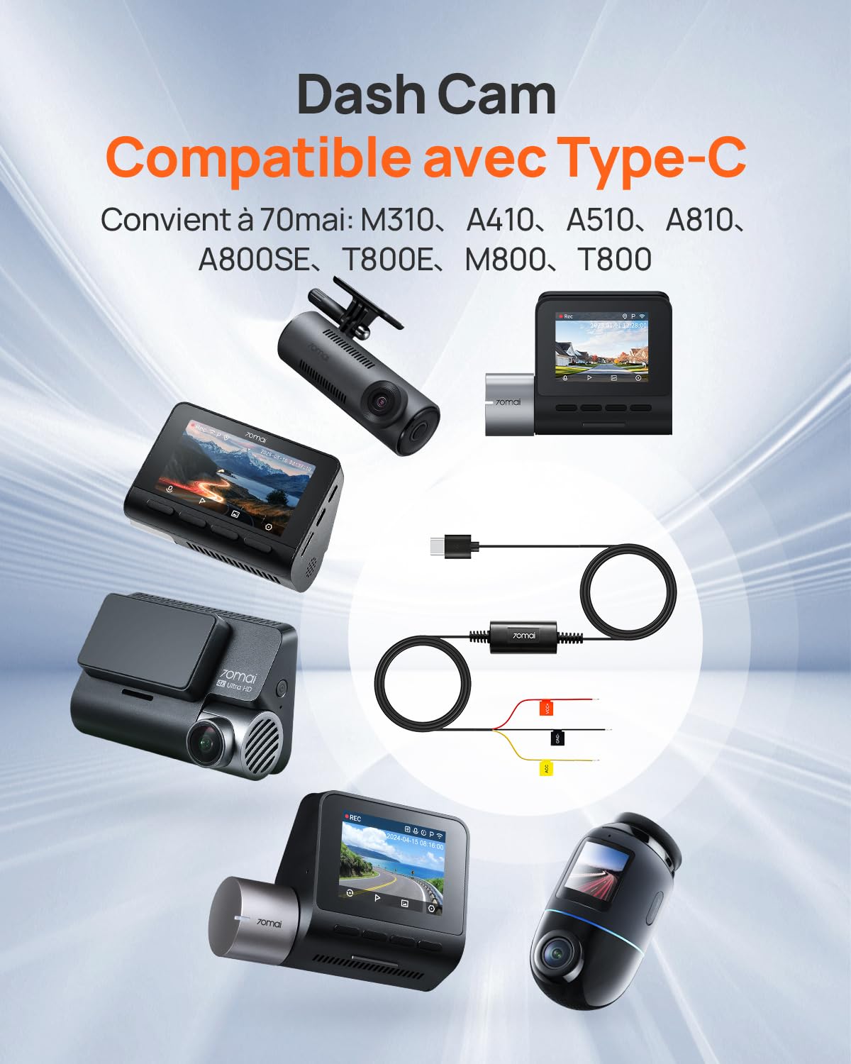 70mai Kit de Câblage UP03 per Dash Cam 4K Omni/X800 & X200 & A810 & A510 & M310, Câble USB-C 10ft pour Dash Cam Voiture, 12V-30V à 5V/2.4A, Protection Basse Tension
