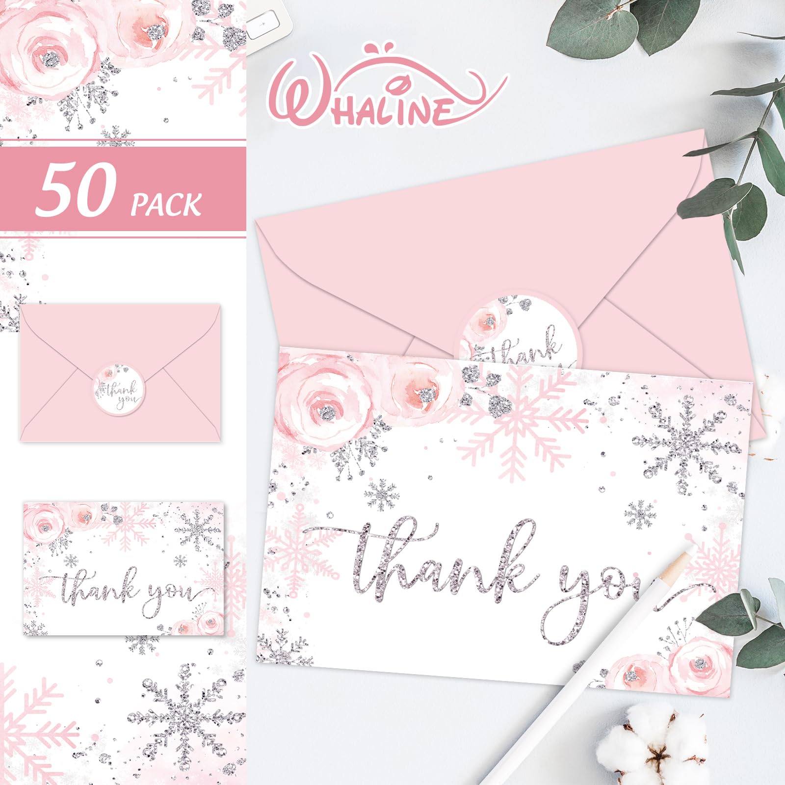 Whaline Lot de 50 cartes de remerciement de Noël avec flocons de neige à paillettes roses - Cartes de vœux vierges avec enveloppe autocollante pour Noël, fête prénatale, invitation, 10,2 x 15,2 cm