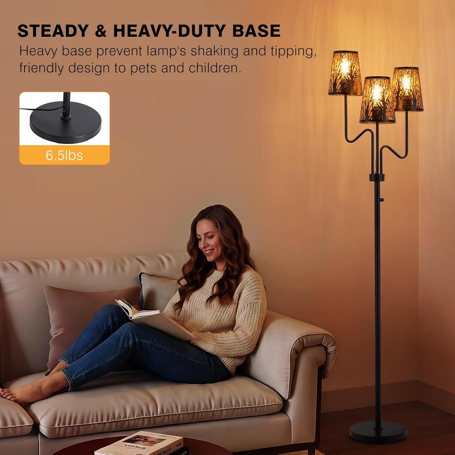 9MMML 3-Light Black Dimmable Floor Lamp for Living Room Bedroom 68'' Tall Standing Lamp with Metal Hollow Shades, 3 x E26 LED Bulb Included