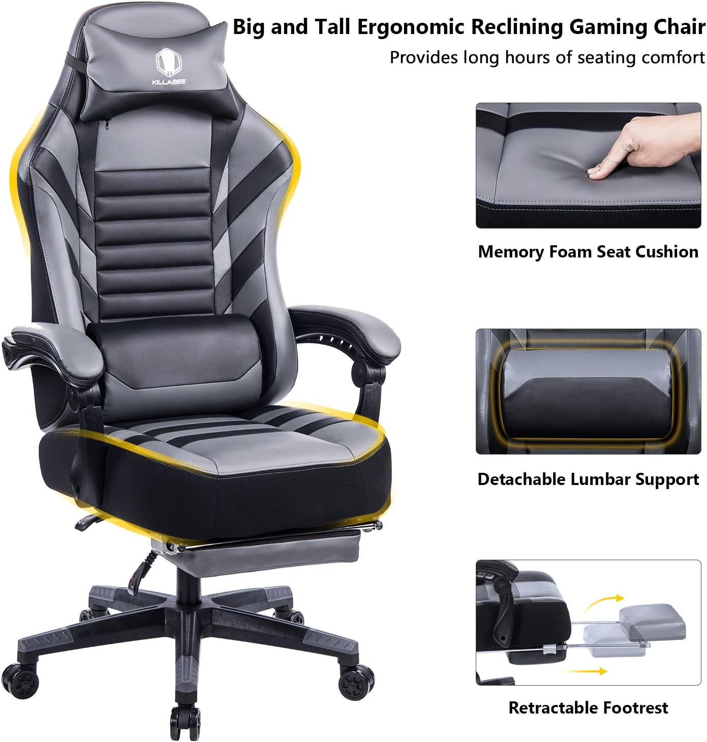 KILLABEE Big and Tall 400lb Memory Foam Reclining Gaming Chair - Adjustable Back Angle and Retractable Footrest Ergonomic High-Back Leather Racing Executive Computer Desk Office Chair, Grey&Black