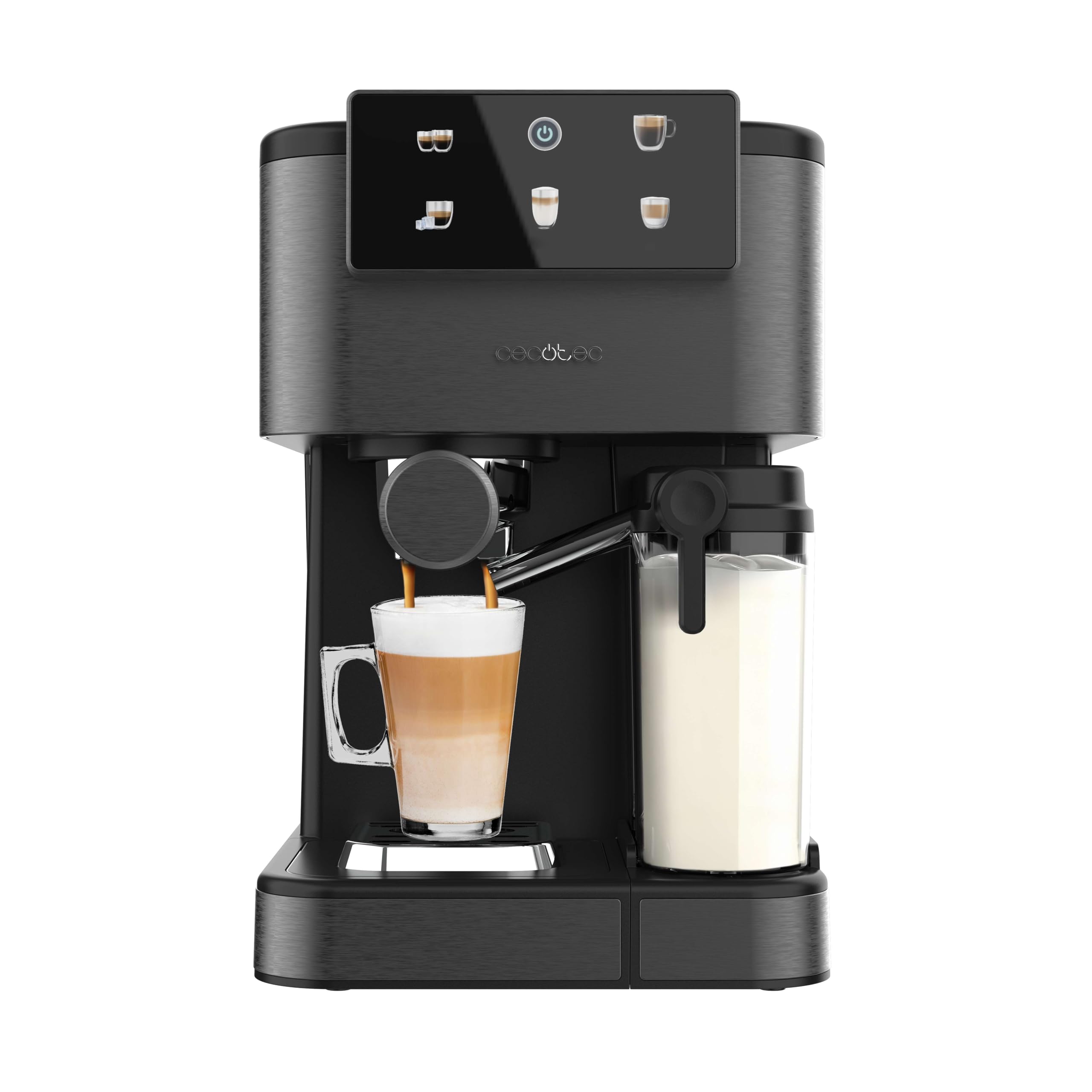 Cecotec Cafetera Express Semiautomática Power Espresso ColdBrew Latte Oscuro. 1350W, 20 Bares, Frío, Templado o Caliente, Pantalla Táctil, 1.5L Depósito Agua, 500ml Depósito Leche, Doble Brazo