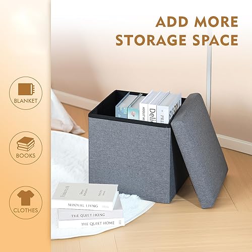 Miniatura 4 de B FSOBEIIALEO - Otomano plegable de piel sintética con almacenamiento Gris 11.8"x11.8"x11.8"x11.8",Negro 11.8"x11.8"x11.8",Negro