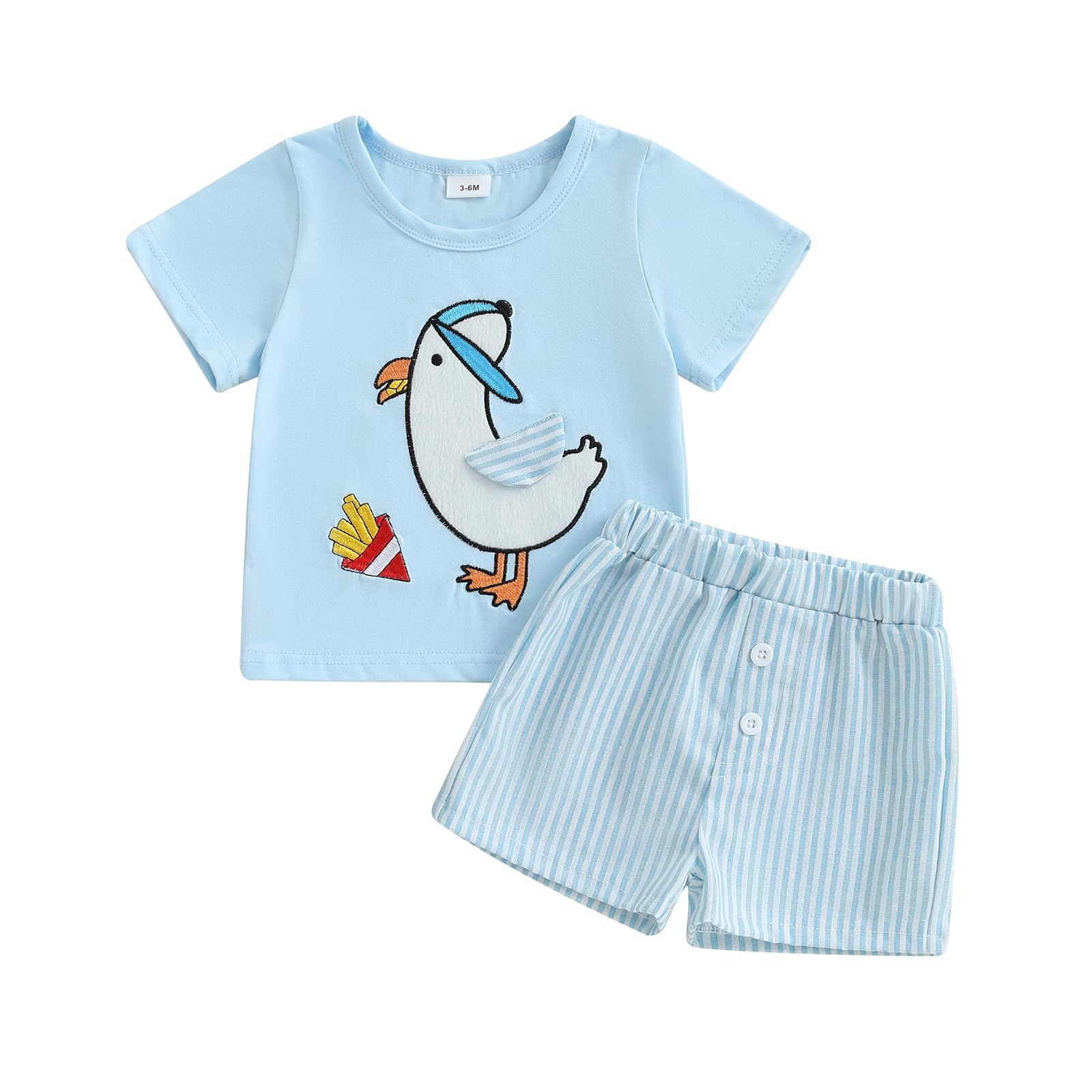 Finegoodwei Baby Boy Summer Outfit Cartoon Embroidery Short Sleeve Round Neck T-Shirt + Stripe Shorts 2Pcs Set (Sky Blue, 6-12 Months)