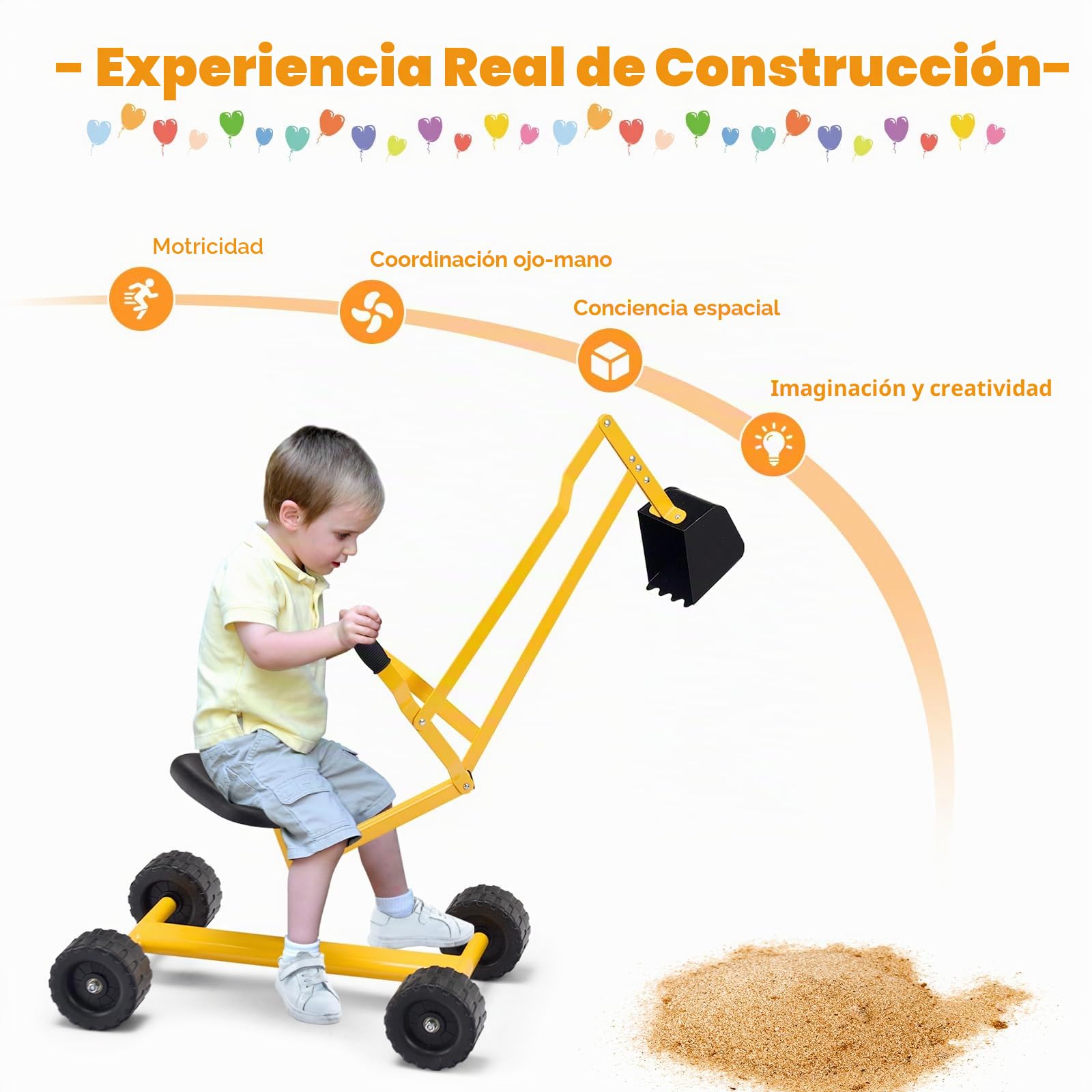 GOPLUS Juguete Pala de Arena para Niños, Juguete para Cavar Arena para la Playa Pala con Asiento Giratorio de 360 Grados, 2 Brazos y 4 Ruedas Antideslizantes para Niños de 4 a 12 Años