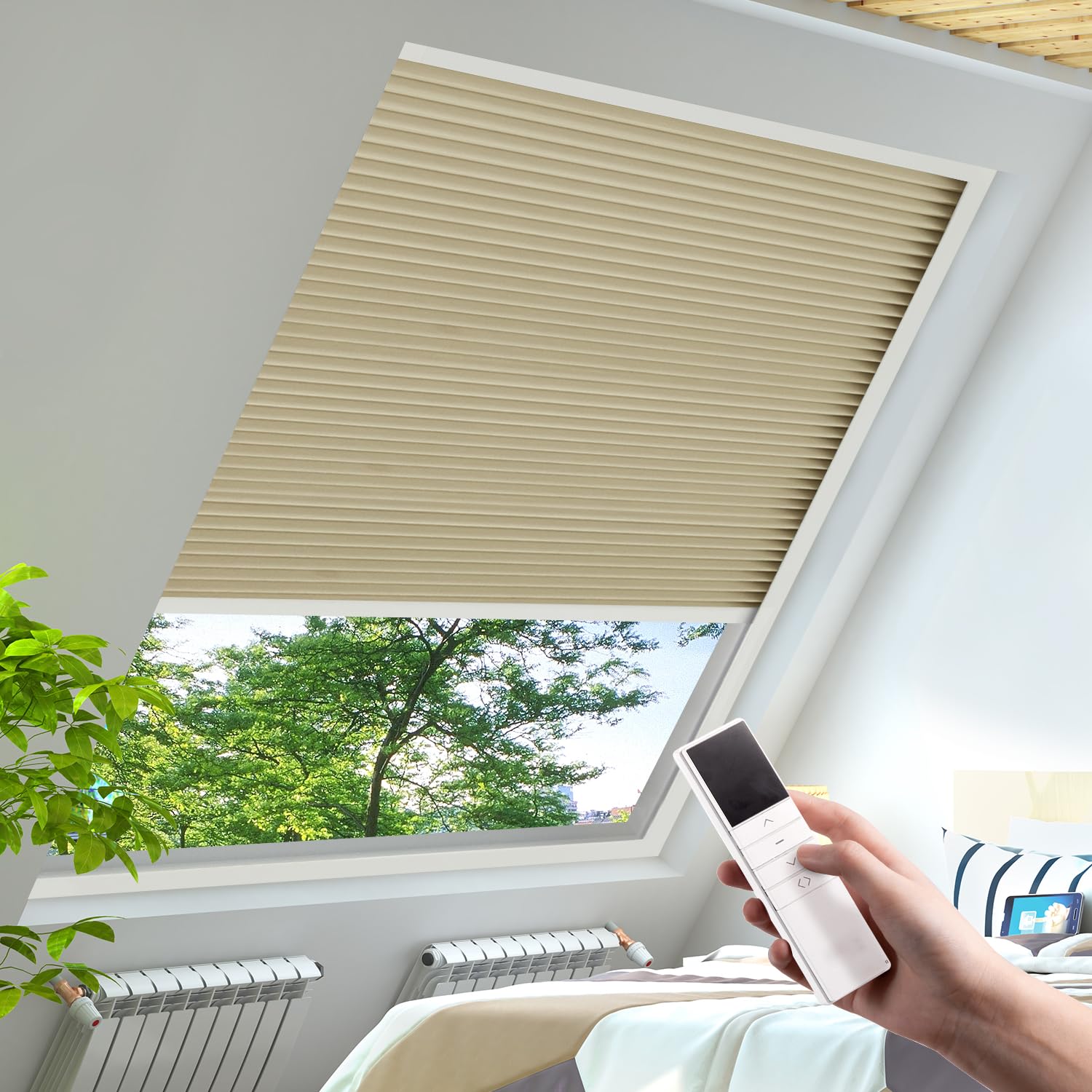 YESCENT Motorized Honeycomb Shades Cordless Over-size Customized Cellular Blinds Window Shades for Skylight Roof Inclined Plane Room Windows-khaki(93021D)
