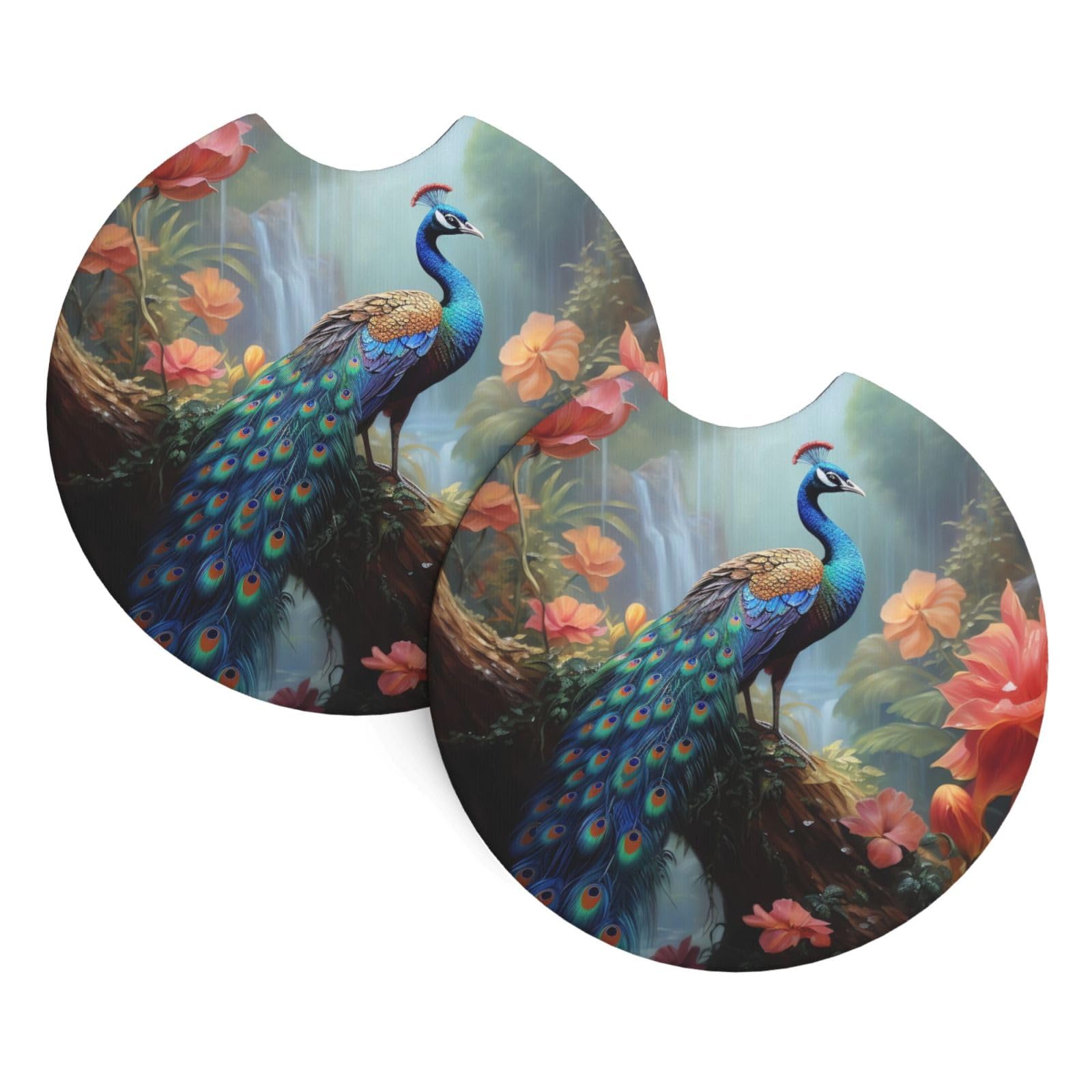 2 Pack Car Coaster for Cup Holders Magic Forest Pond Peacock Car Cup Coaster 2.7" Neoprene Non-Slip Automotive Cup Mat Universal Auto Car Interior Accessories for Women Men Cup Pad