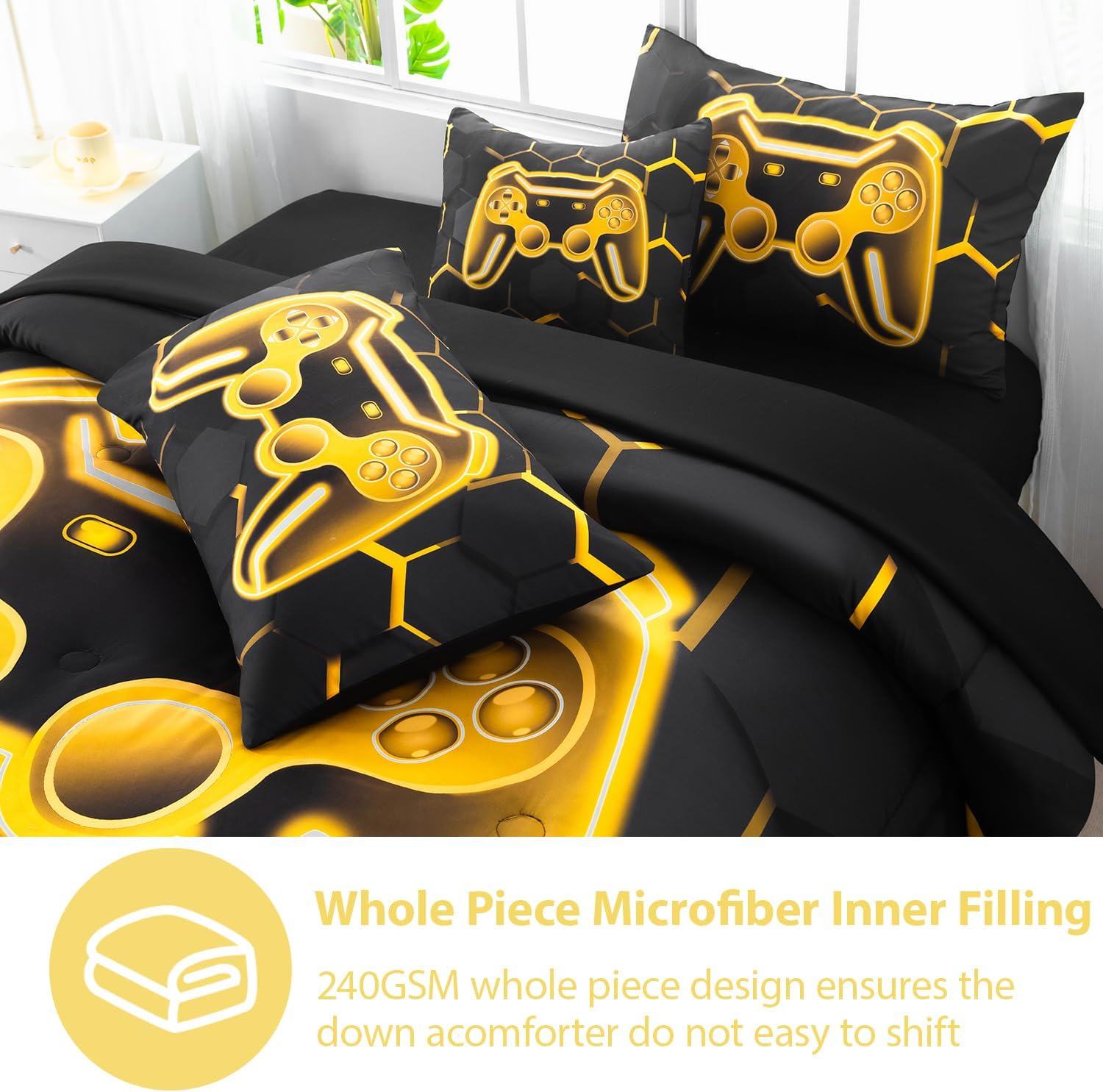 Queen Comforter Set with Sheets, 6Pcs Black and Gold Gaming Bedding Set for Boys, 3D Game Console Bed in A Bag, Gamepad Print Teen Boy Bedding for Bedroom (Gold, Queen)