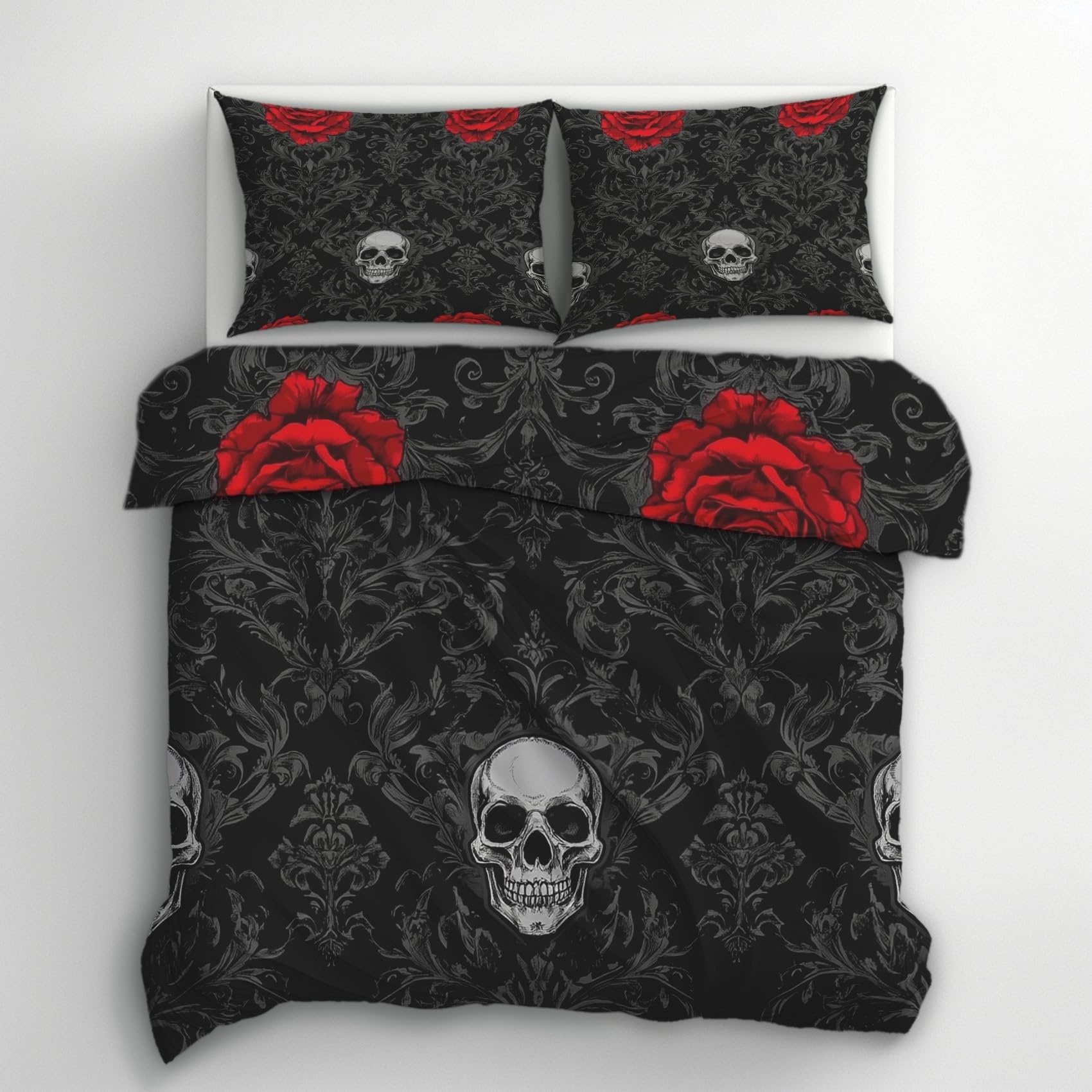 Housse de couette crâne noir 220x240 cm avec ses 2 taies pour lit 2 personnes