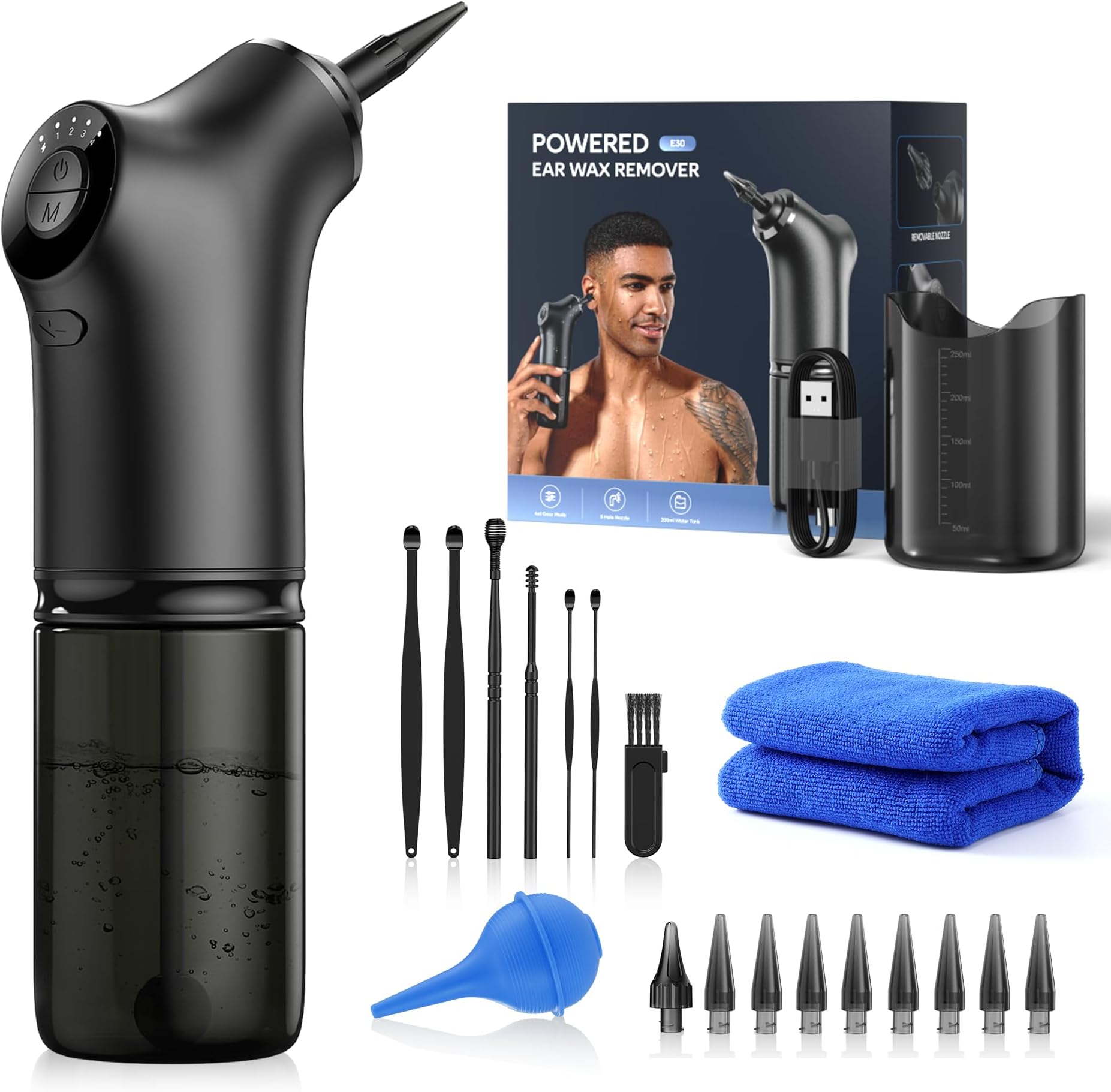 Qimic Water Powered Ear Cleaner - Effective Ear Wax Removal Kit with 4 Pressure Settings, USB Rechargeable