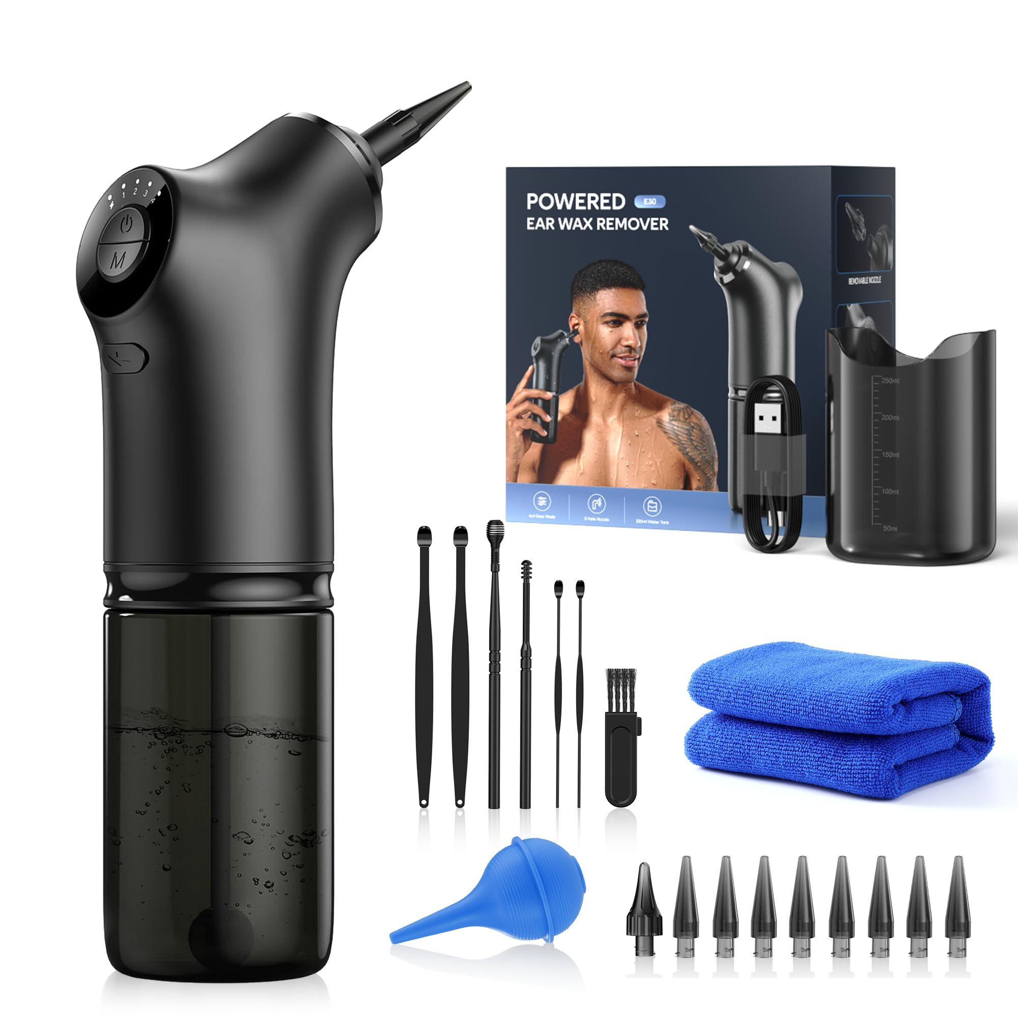Qimic Water Powered Ear Cleaner - Effective Ear Wax Removal Kit with 4 Pressure Settings, USB Rechargeable