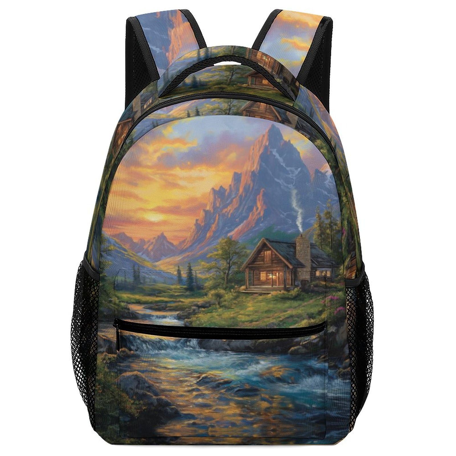 Cabaña de montaña Mochilas Pequeñas hermoso paisaje Morrals Con Bolsillos Laterales Mochilas Escolares Para Colegio Viaje Cámping Para Niñas Y Niños One Size