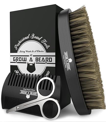 Cepillo para barba para hombres y peine para barba con kit de aseo de tijeras para bigote, cepillo de cerdas de jabalí natural, peine de madera de