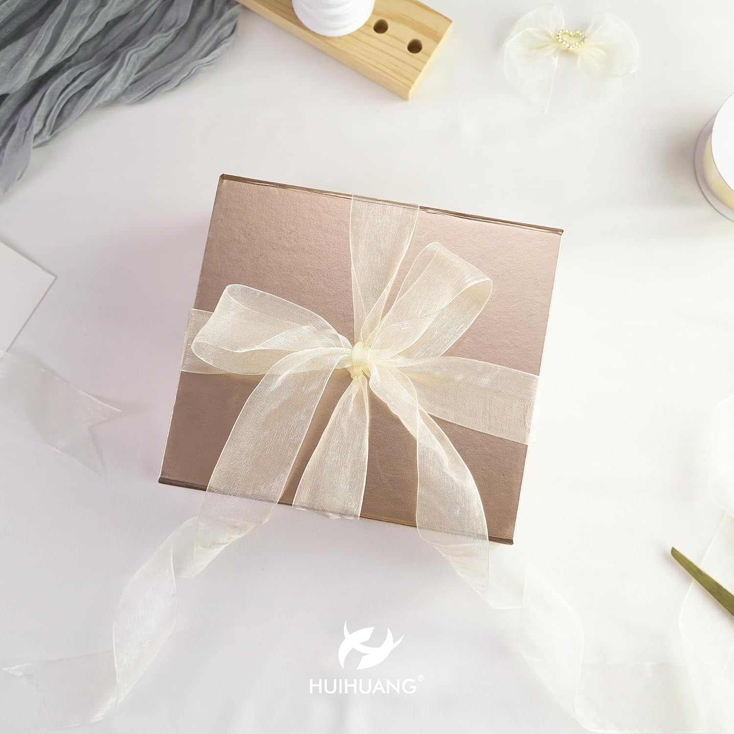 HUIHUANG 2 Rolls Shimmer Sheer Organza Ribbon 1-1/2 Inch Ivory Chiffon Fabric Ribbon for Wedding Gift Wrapping Floral Bouquet Baby Shower All Types of Crafts - 50 Yards Each Roll