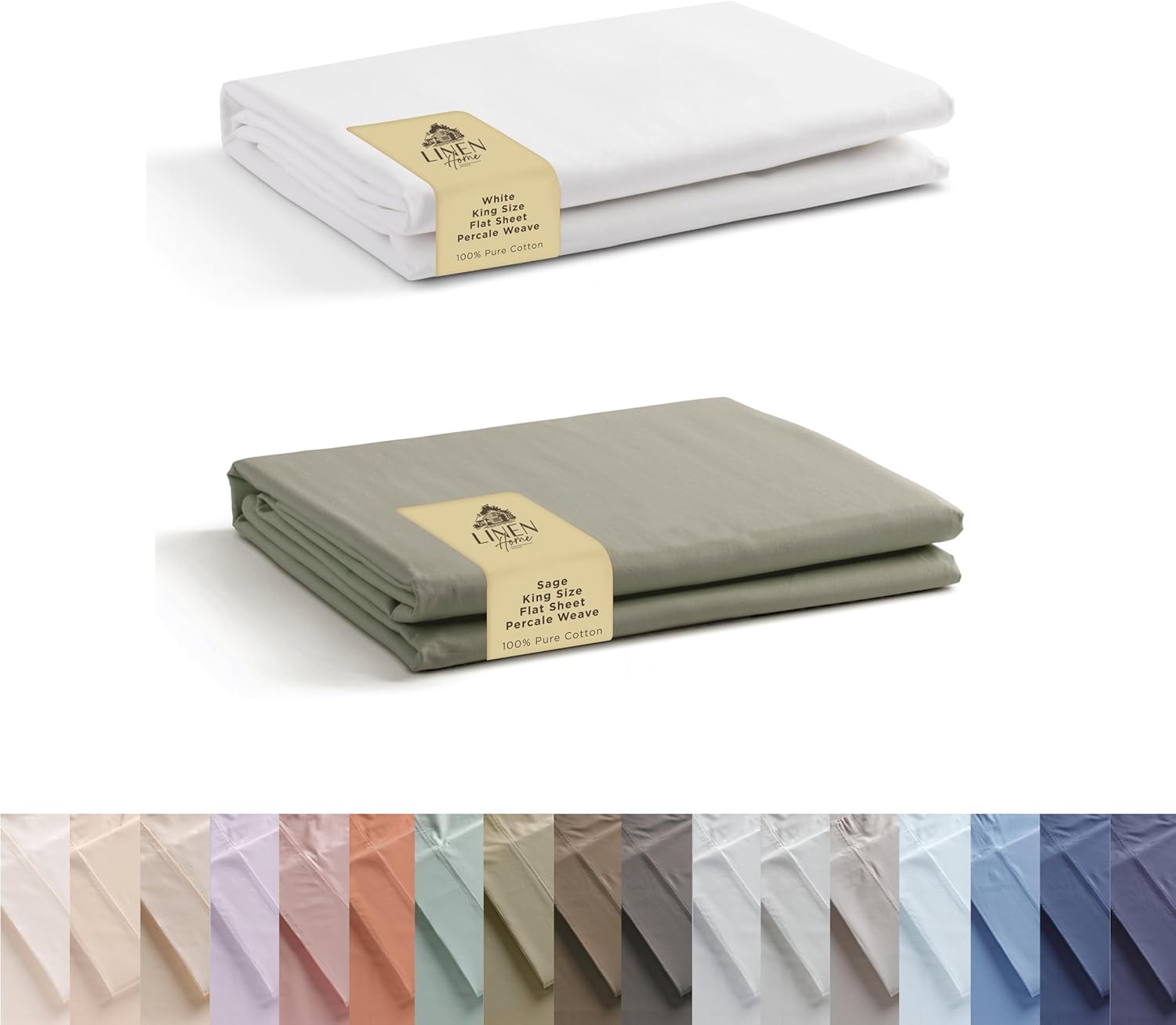 100% Cotton Combo Percale Flat Sheets King Size, White & Sage, 2 Flat Sheet- Crisp, Cool and Strong Bed Linen, Luxury Breathable Sheet