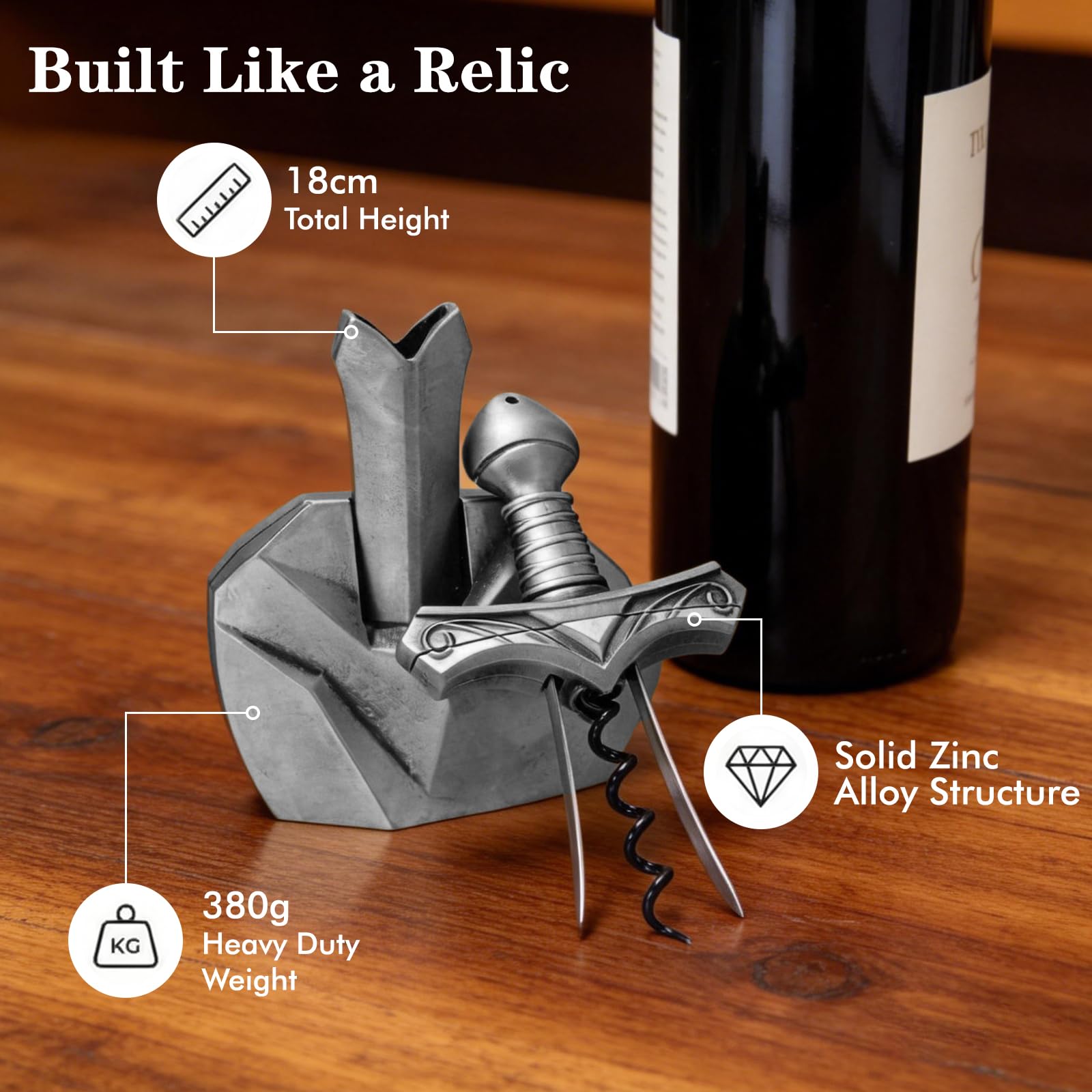 Set apribottiglie design a spada, supporto robusto, delicato su vini vintage e vecchi. 3 in 1 con apribottiglie e tappo richiudibile, perfetto regalo vino in confezione regalo