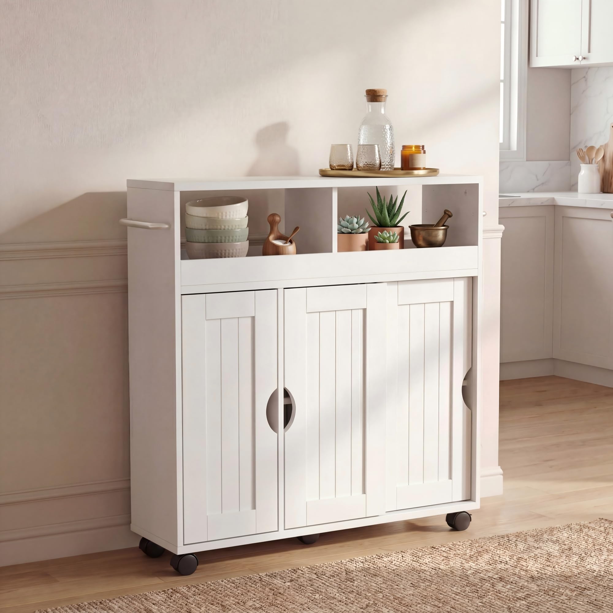 LIFEZEAL Nischenschrank, Badezimmerschrank schmal mit offenen Ablagen, Schrank & Schiebetüren, Nischenwagen mit verstellbarem Einlegeboden, Badrollwagen für Bad, Küche, 75 x 20 x 72 cm, Weiß