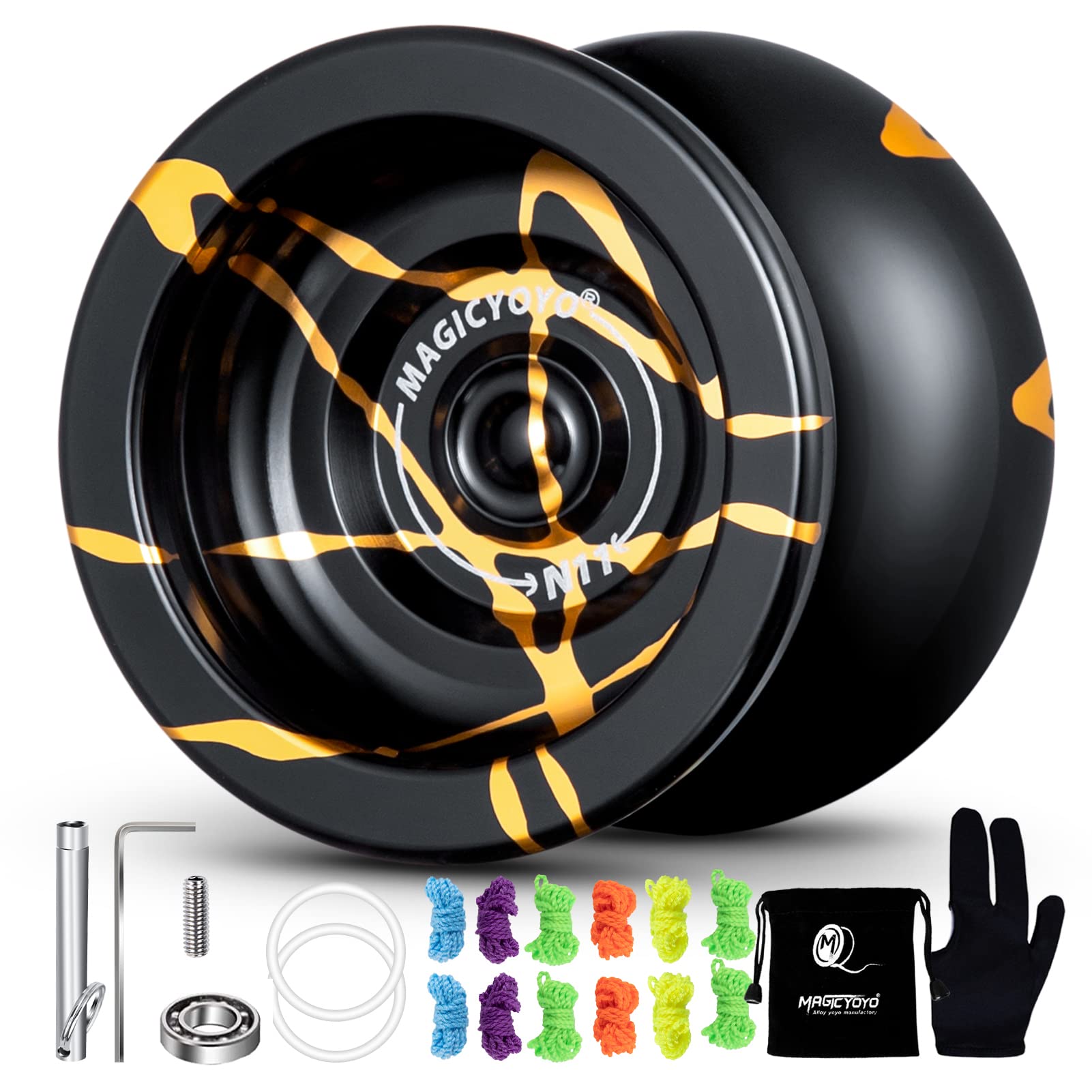 magicyoyo n11 professional unresponsive yoyo n11 dual purpose alloy trick yoyo ball black with golden with bag glove 12 yoyo strings and responsive bearing kit