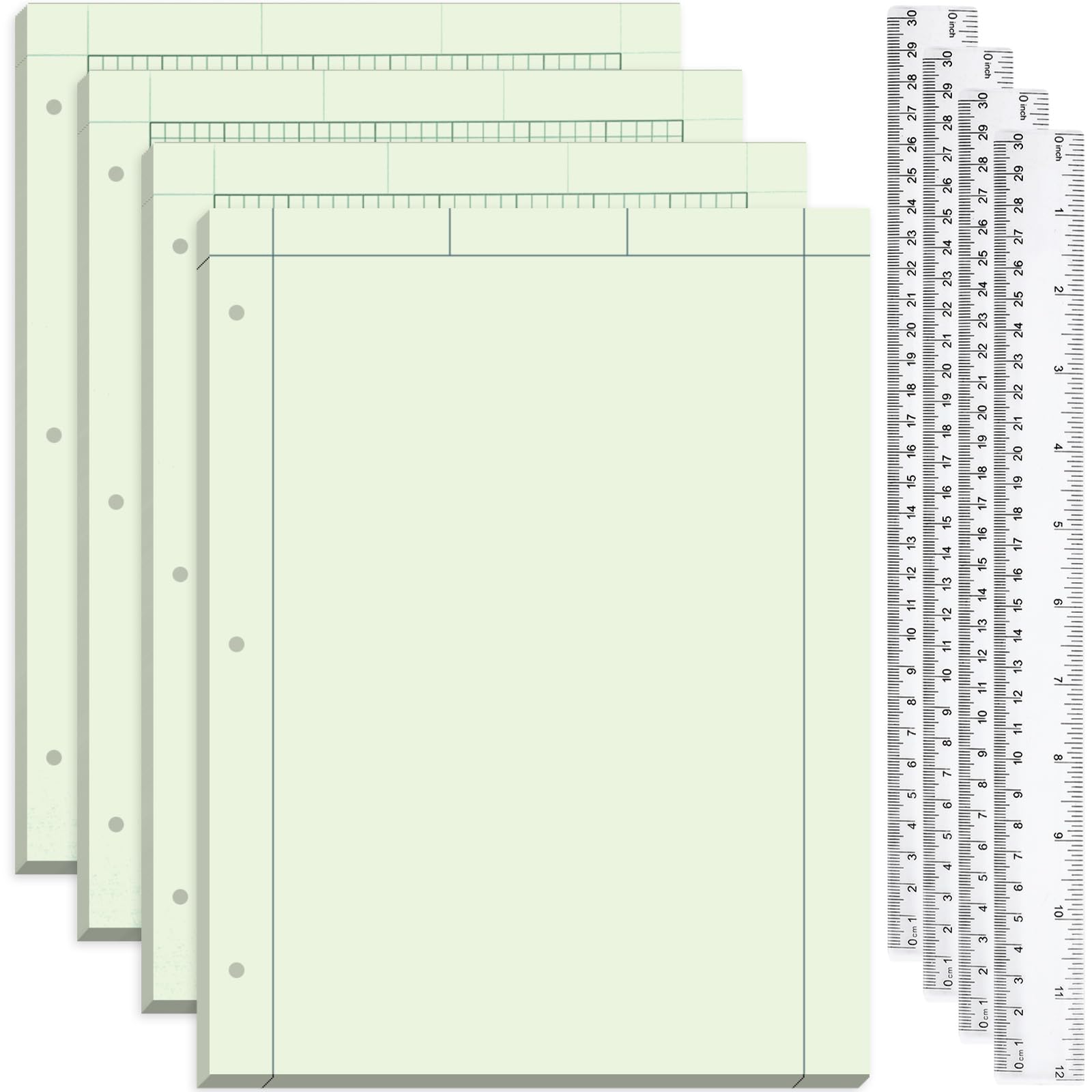 Feifeiya 4 Pack Engineering Paper Notebook Graph Paper Pads 8.5 x 11 Inches Engineer Computation Pad with Plastic Rulers 12 Inch,3 Hole 5x5 Quad Grid Engineering Pad, 100 Sheets/Pack (Green)