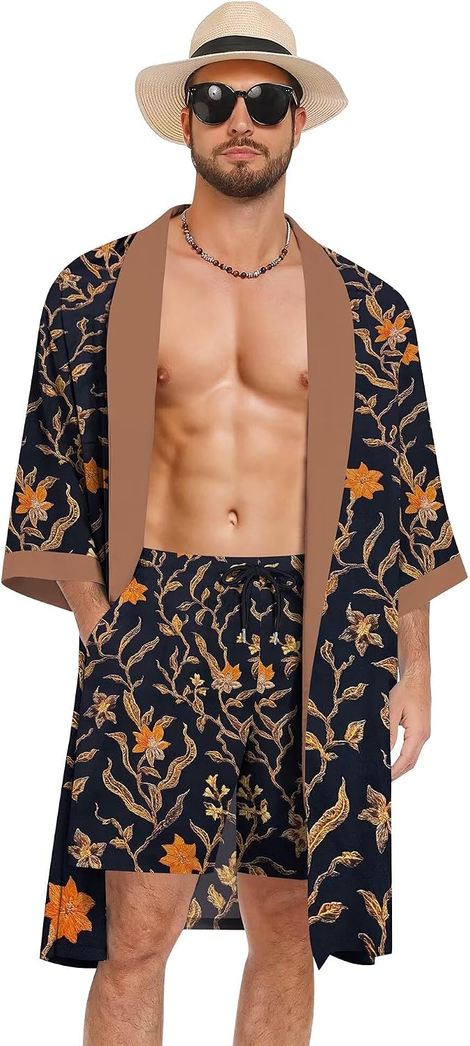 SWOMOG Men's Robe with Shorts Set Lightweight Kimono Bathrobe 2 Piece Open Front Cardigan Robes