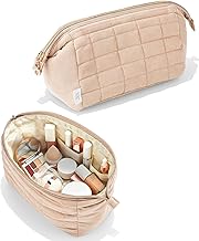Ms. pen- Aesthetic Quilted Makeup Bag for Women, Beige, Puffy Padded Cute Makeup Bag Cute, Cosmetic Pouch, Quilted Pouch