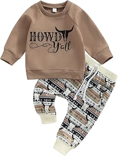 2Pcs Toddler Baby Boy Western Clothes Cow Print Long Sleeve Pullover Sweatshirt Tops+Jogger Pants Fall Winter Outfits