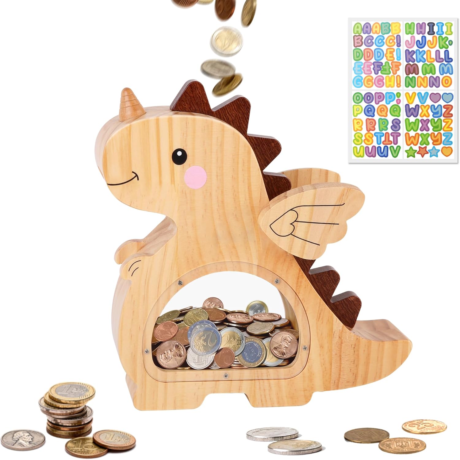 Wooden Dinosaur Piggy Bank for Kids, Cute Wood Dino Creative Money Bank Safe & Durable with Clear Window for Boys & Girls, Personalized Present Birthday & Room Decor
