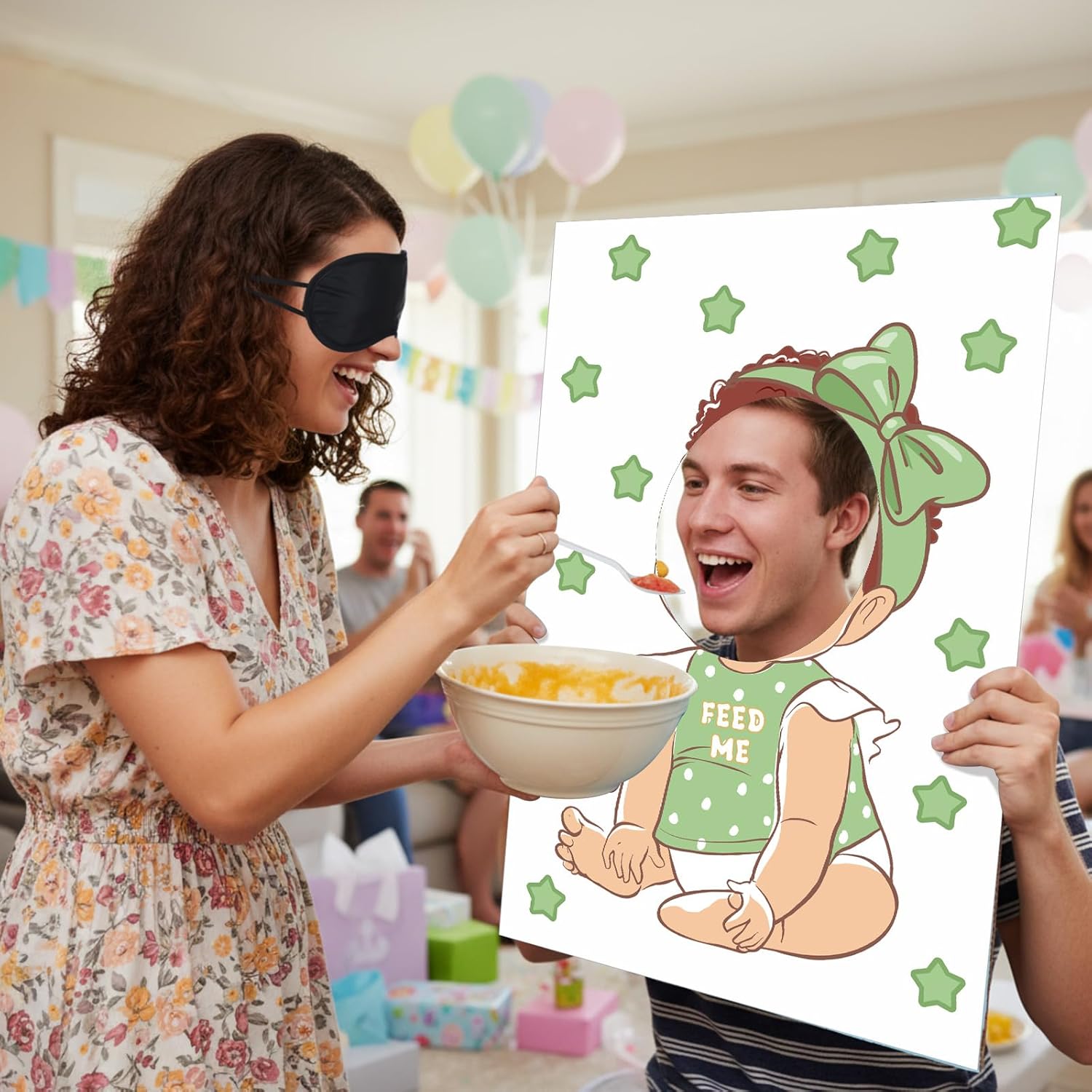 6 Set Baby Shower Games for Blindfolded, Include Feed Me Boards with Blindfolded and Spoons Food Feeding Baby Shower Games for Gender Reveal Bridal Group Party Supplies