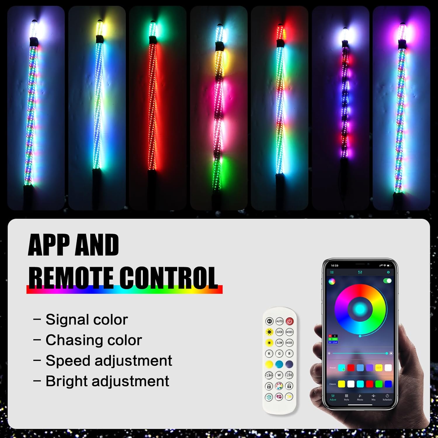 2PCS 4FT Fat RGB LED Whip Light with Led Turn Signal & Led Brake Lights & Flashing Light, APP & Remote Control Led Whip Lights for Side by Side, RGB Whip Lights for UTV ATV/Offroad/RZR/Truck/Can