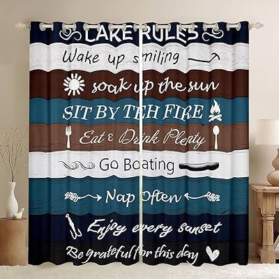 Manfei Kids Lake Rules Window Curtains Lake House Wooden Window Drapes for Boy Teen Cabin Room Decor, Rustic Farmhouse Window Treatments Grommet Top 2 Panel Set Bedroom Curtains, 38Wx45L inch