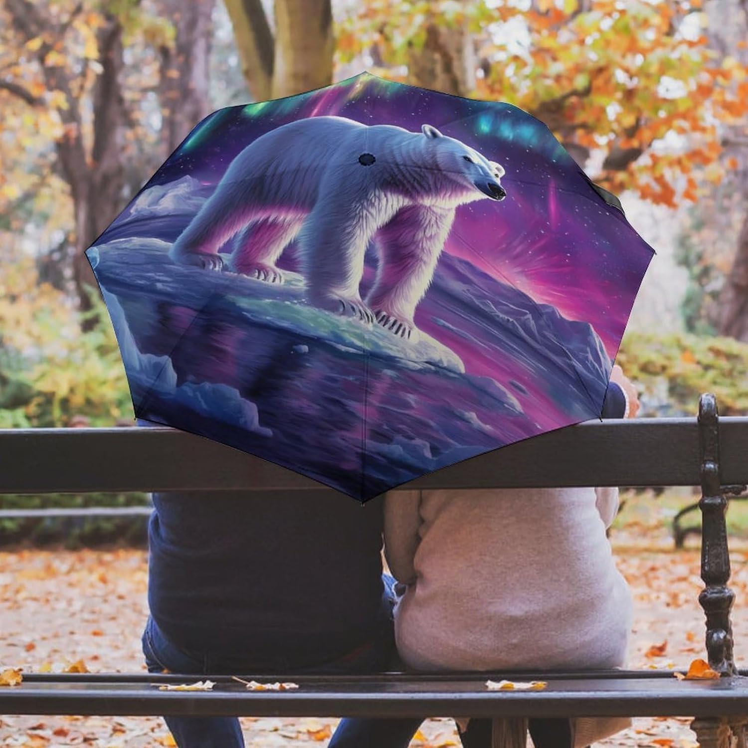 Bear in Northern Lights Compact Umbrella 3 Folding Windproof Automatic Umbrellas Portable Travel Accessories image 5