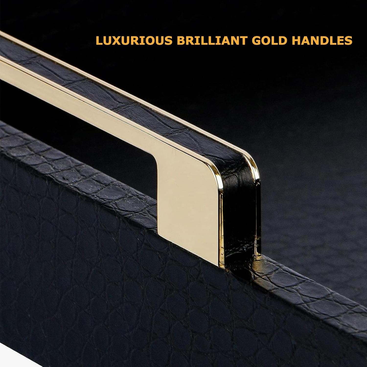 Black Serving Tray with Handles, Large Alligator Faux Leather Decorative Tray, Coffee Table, Ottoman Rectangular Trays for Home Decor, for All Occasions,16" x 12" - Image 2