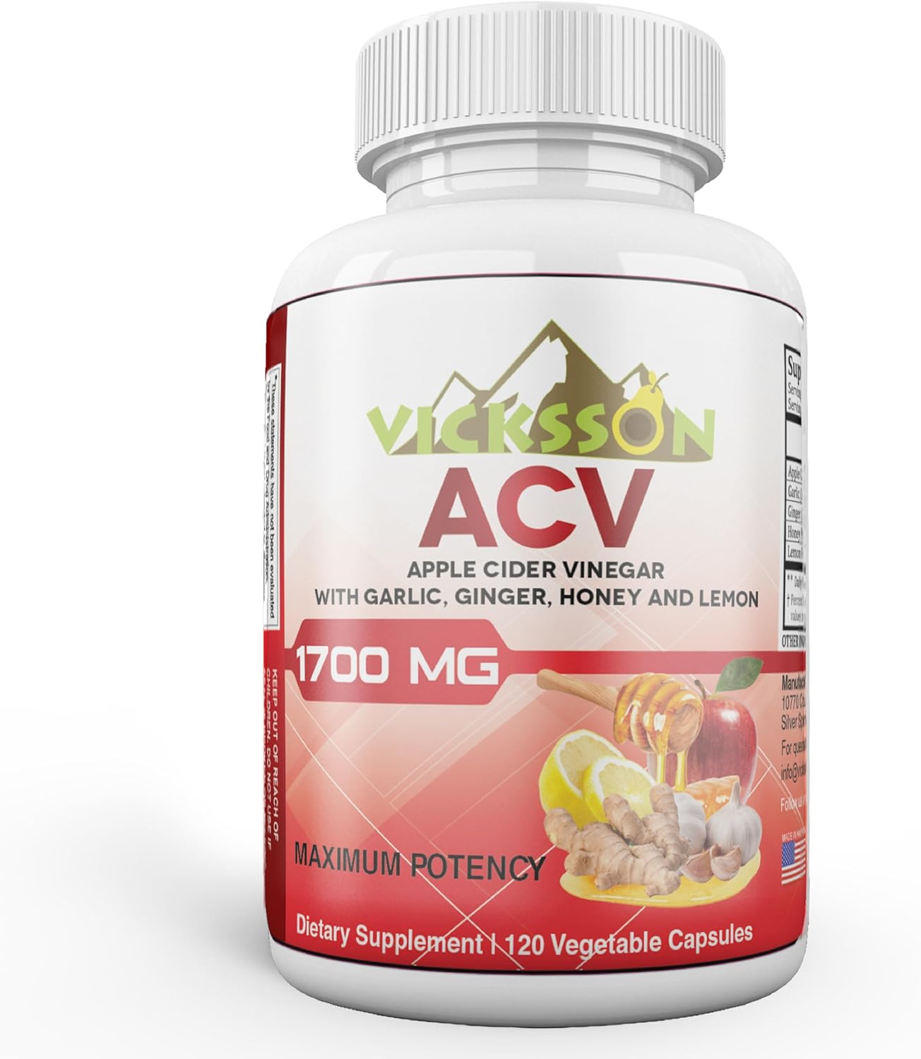 Vicksson Apple Cider Vinegar Pills 1700 mg of ACV with Garlic, Ginger, Lemon & Honey for Weight, Detox, Cleanse, Appetite, Bloating, Metabolism & Immune Support | 120 Capsules