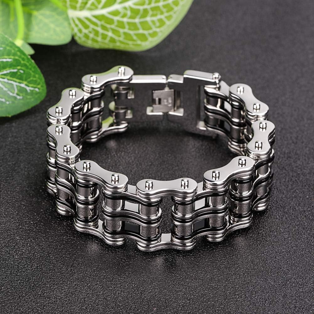 XKCL BMART Men's Bracelet ，Motorcycle Mechanical Bicycle 316L Stainless Steel Silver Chain Bracelet (Silver Black)