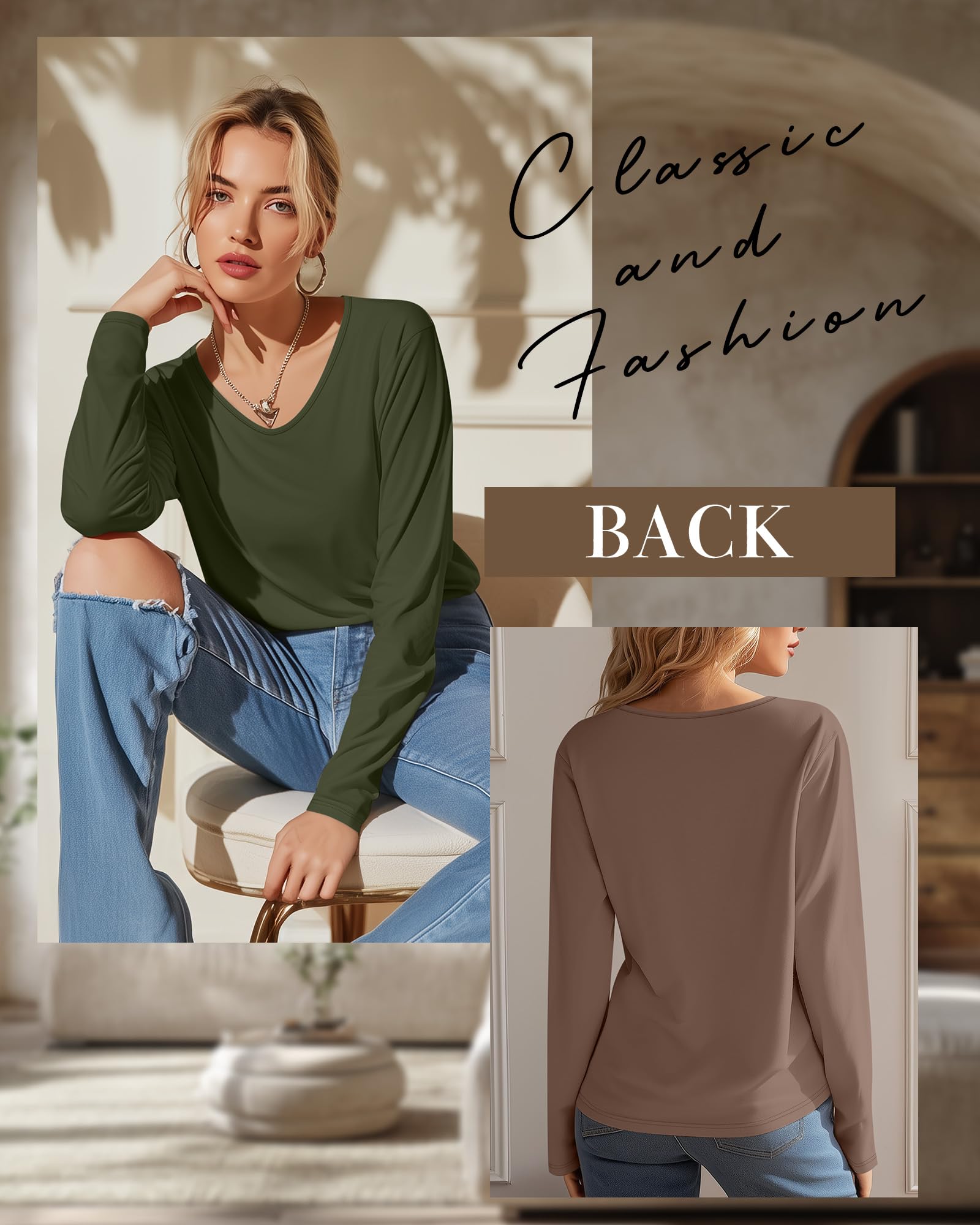 Ficerd Lot de 3 Hauts pour Femme col V Manches Longues | Col V, Manches Longues, Coupe Ample, Tissu Doux, T-shirts Basiques D'automne, Hauts Casual Du Quotidien, Mode Femme Tendance