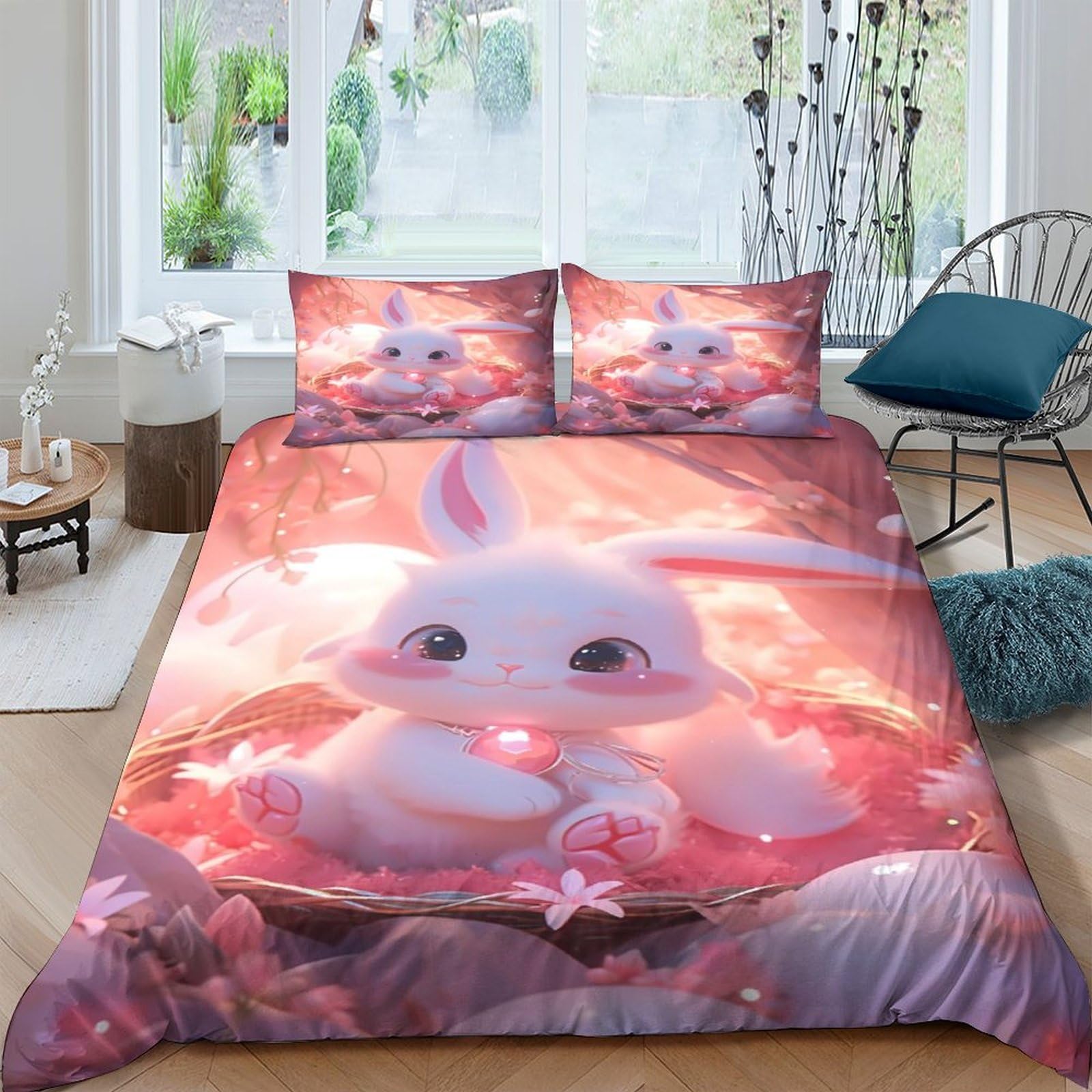 Ctjqhvkz Style-7 3D Printed Cute Bunny Fitted Sheet Microfiber Pink Fantasy Forest Bed Cover For Bedroom Dorm Mattress Protection Decor Single（135X200cm）
