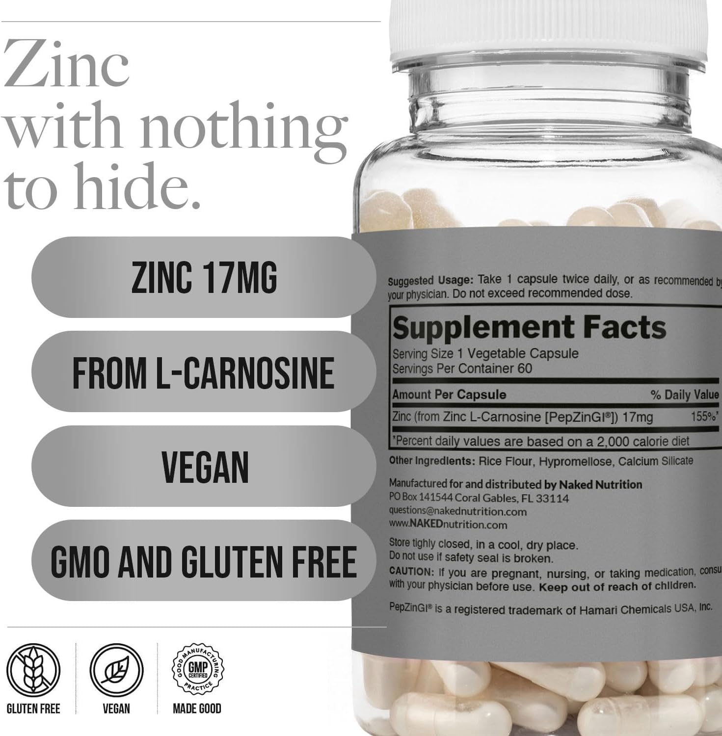 Naked Zinc Carnosine - Gut Lining, Immune Function and Stomach Support Supplement, Vegan, Gluten-Free, 17mg - 60 Capsules - Image 5
