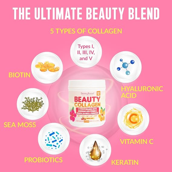 Beauty Collagen Powder-5 Types of Hydrolyzed Collagen, Sea Moss, Biotin, Keratin, Hyaluronic Acid, Vitamin C and ProbioticsHair, Skin, Nails- All Natural, Made in USA-45 Servings- Mixed Berry