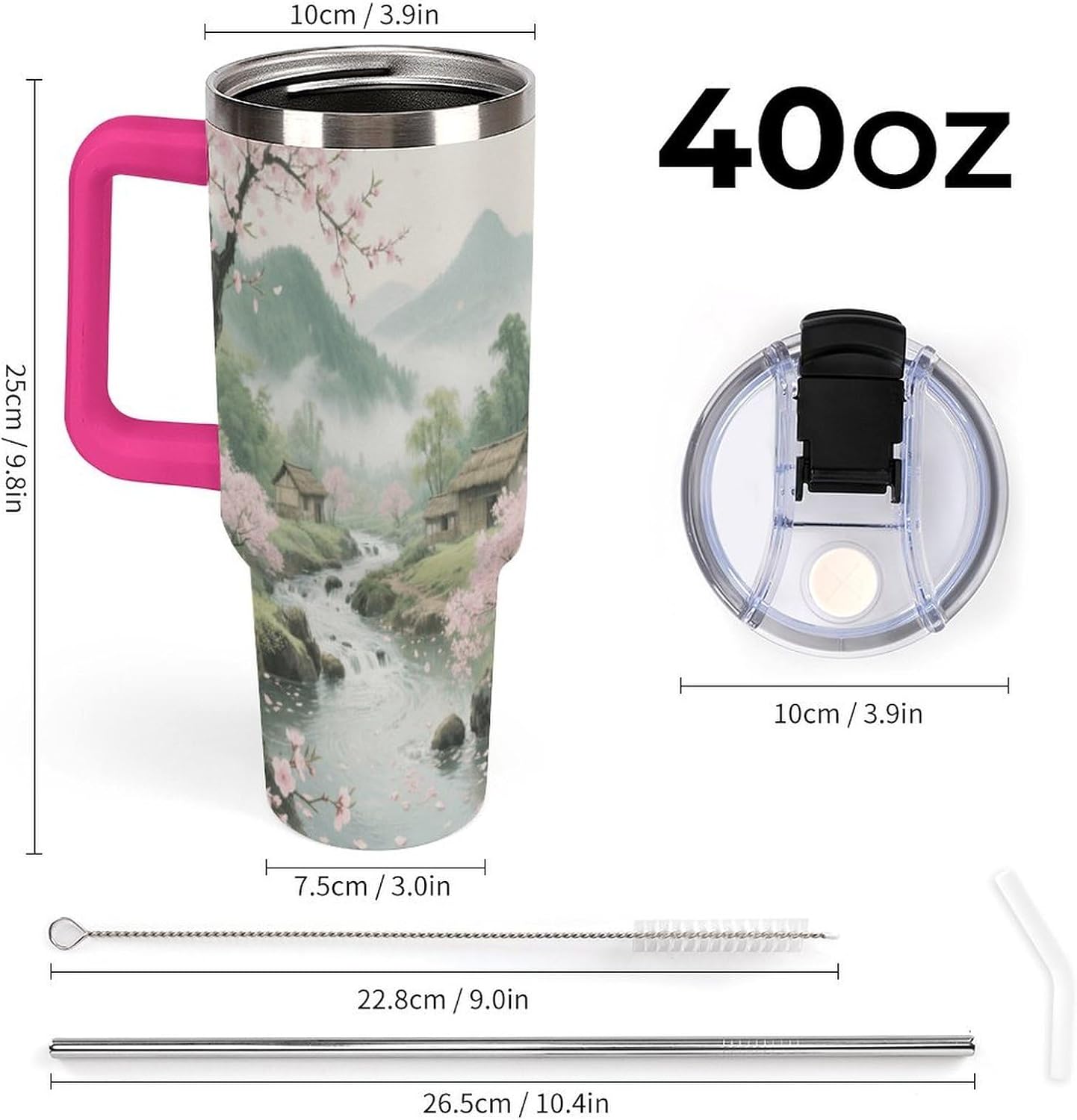 Travel Coffee Mug 40OZ Thermo Cups Thermos Cup Drink Cups Peach Blossom Wonderland Thermos with Cup with Handle Lid And Straw Suitable for Gifts Parties Offices Traveling