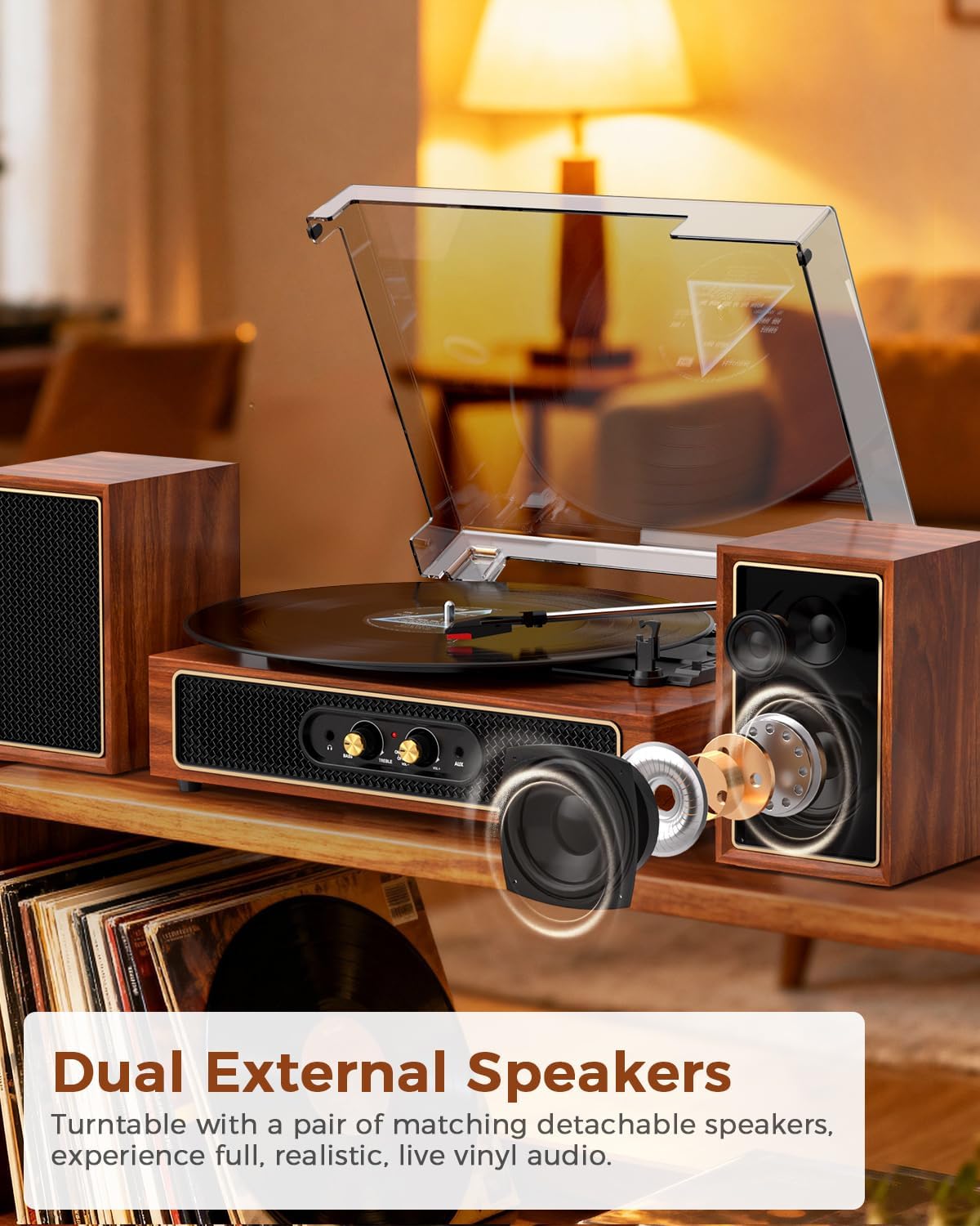Record Player with External Speakers, Vintage 3-Speed Belt-Drive Turntable, Dual Stereo Sound, Bluetooth Input, PC Vinyl Recording, RCA Output, Bass/Treble Control,Auto-Stop,Red