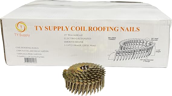 7200 Count Coil Roofing Nails 1-1 / 4-Inch x .120-Inch 15-Inch 15-Degree Whed Wire Weld Collated Smooth Shank Electro Galvanized Coil Roofing Nails for Roofs Lathing and Sheathing Materials