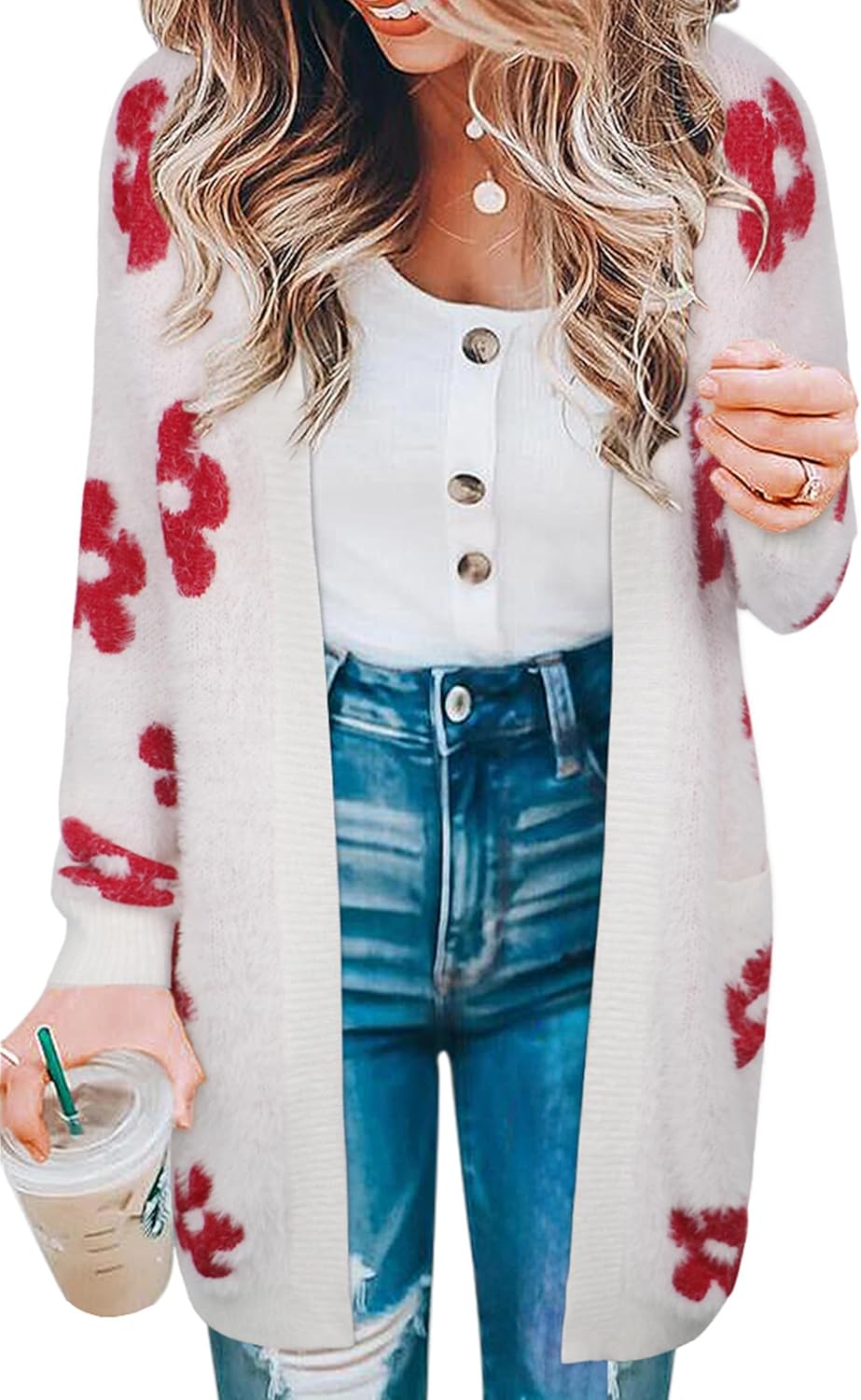 ECOWISH Women Cardigan Sweaters Long Floral Striped Winter Fall Long Sleeve Open Front Cozy Knitted Daisy Fuzzy Coats Outwear